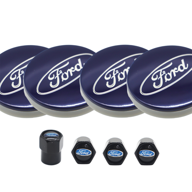 8PCS SET Ford Wheel Center Hub Caps 54mm Rim Emblem Hubcap Cover Logo 2 ⅛" & 4pcs Valve Caps Blue 6M21-1003-AA 6M2Z-1003-C CP9C1A096AA