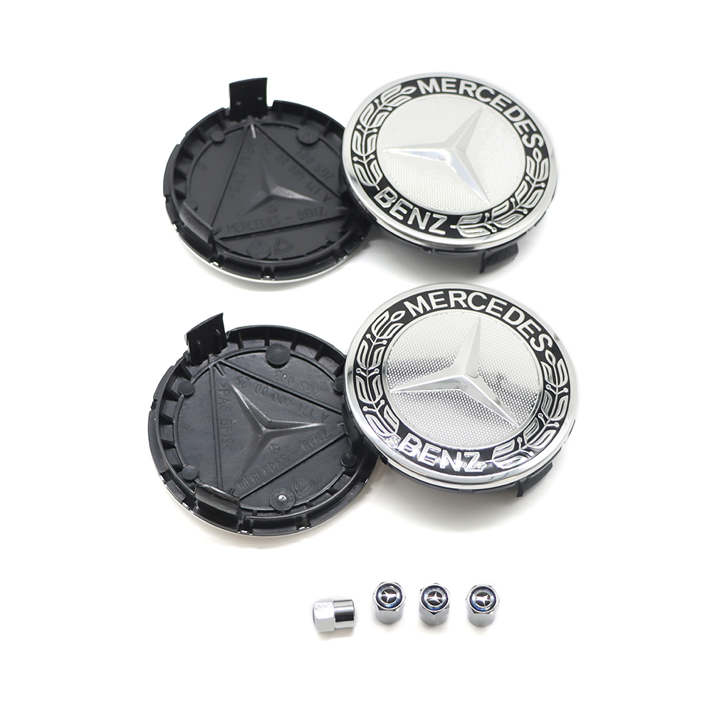 4Pcs 2017-2023 Benz ABS 75mm  Wheel Center Caps Black Silver Wreath Mercedes-Benz 171-400-01-25-7P70