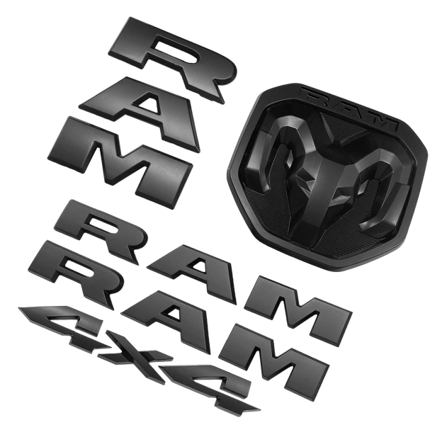 Dodge Ram 1500 2019-2023 Emblem Side Door / Front Grille / Rear Tailgate Rams Head / 4x4 Badge Nameplate Matte Black 68298470AA, 68276327AA