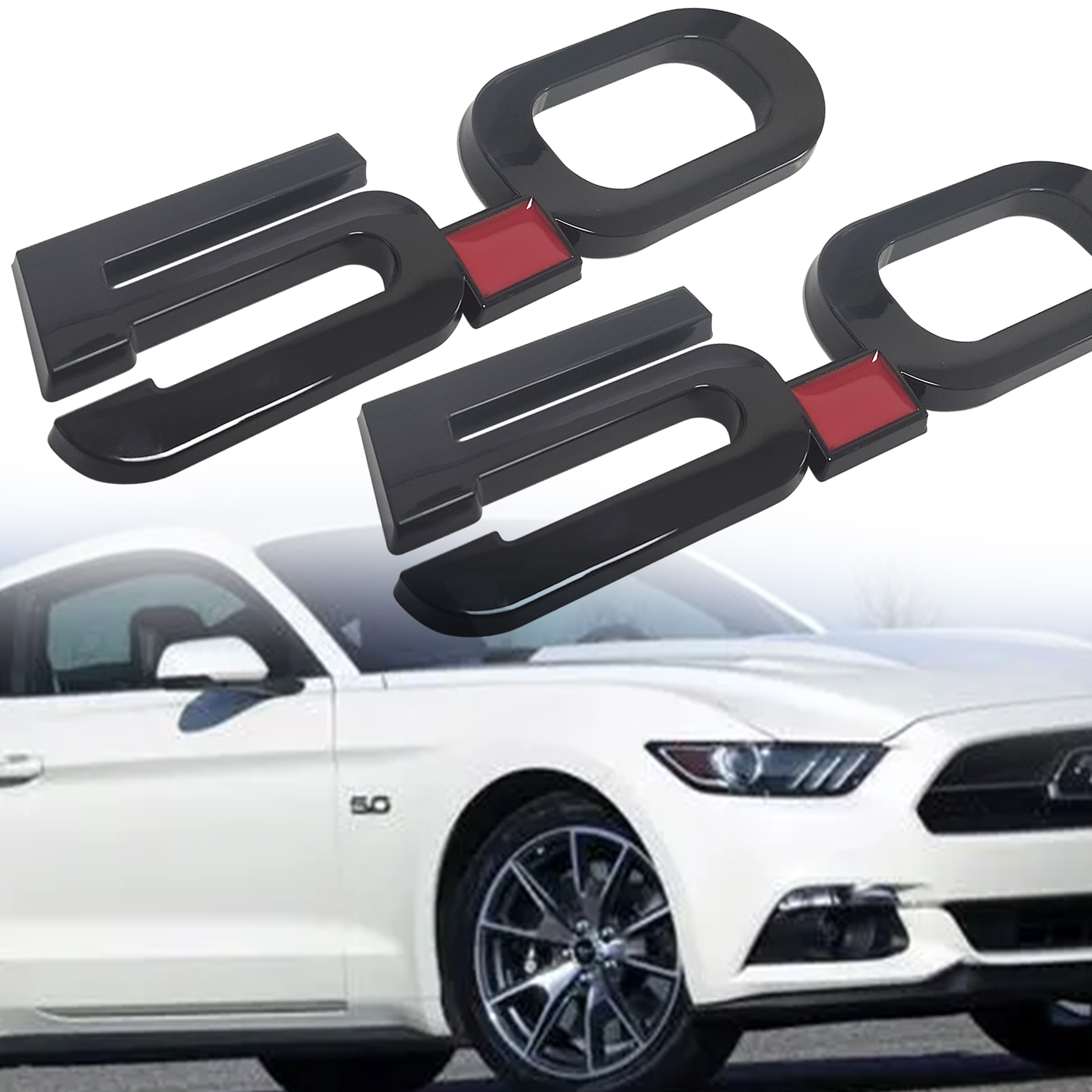 2Pcs 2015-2020 Mustang GT 5.0 Side Fender Badge ABS Gloss Black Ford Nameplate 3D Sticker Decal