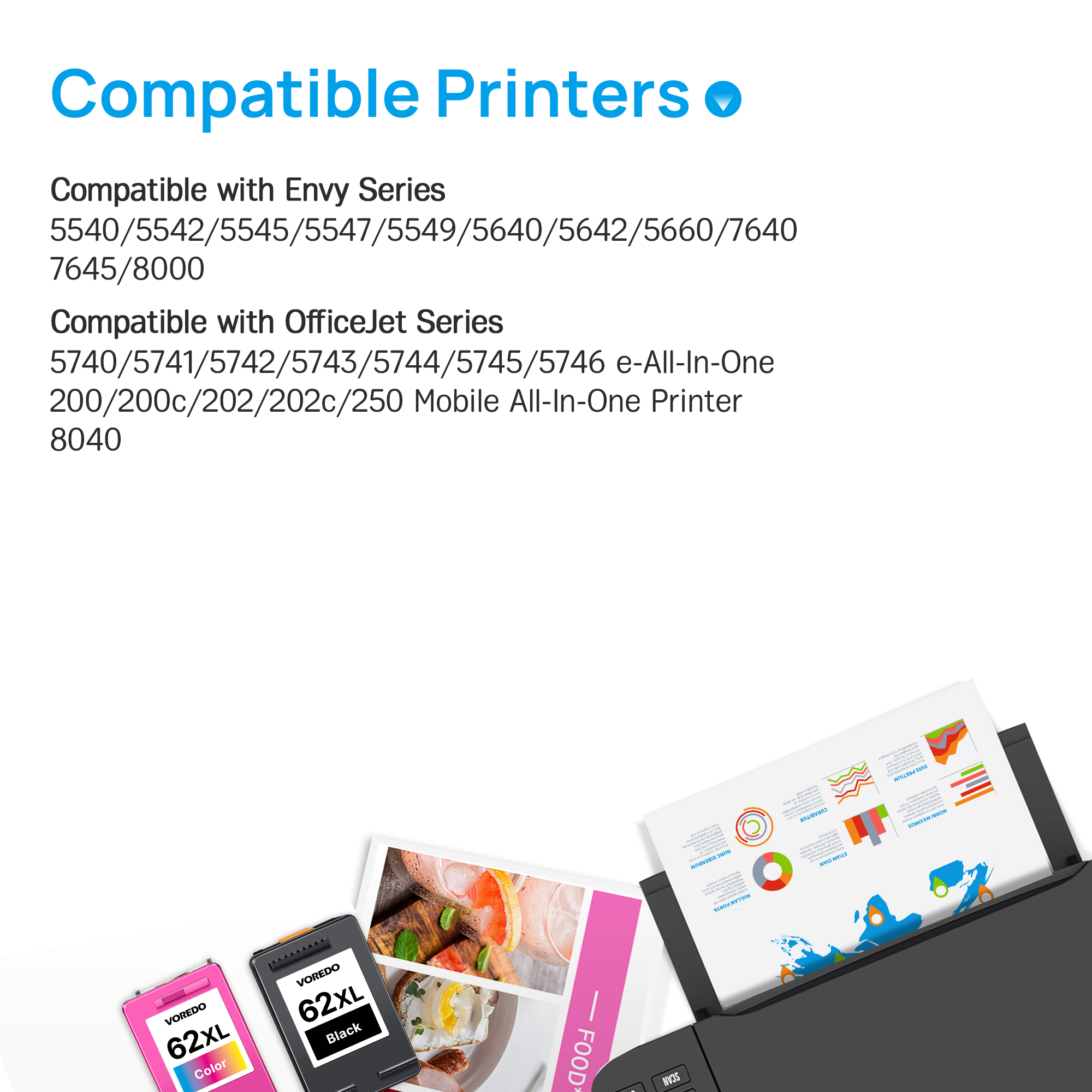 62XL Ink Cartridges Black and Color Compatible for HP Ink 62 XL 62XL Work for Envy 5540 5643 5542 5544 5545 5640 5642 5660 5665 7640 7645 8000 Officejet 5740 5741 5742 5743 5744 5745 Printer (2 Pack)