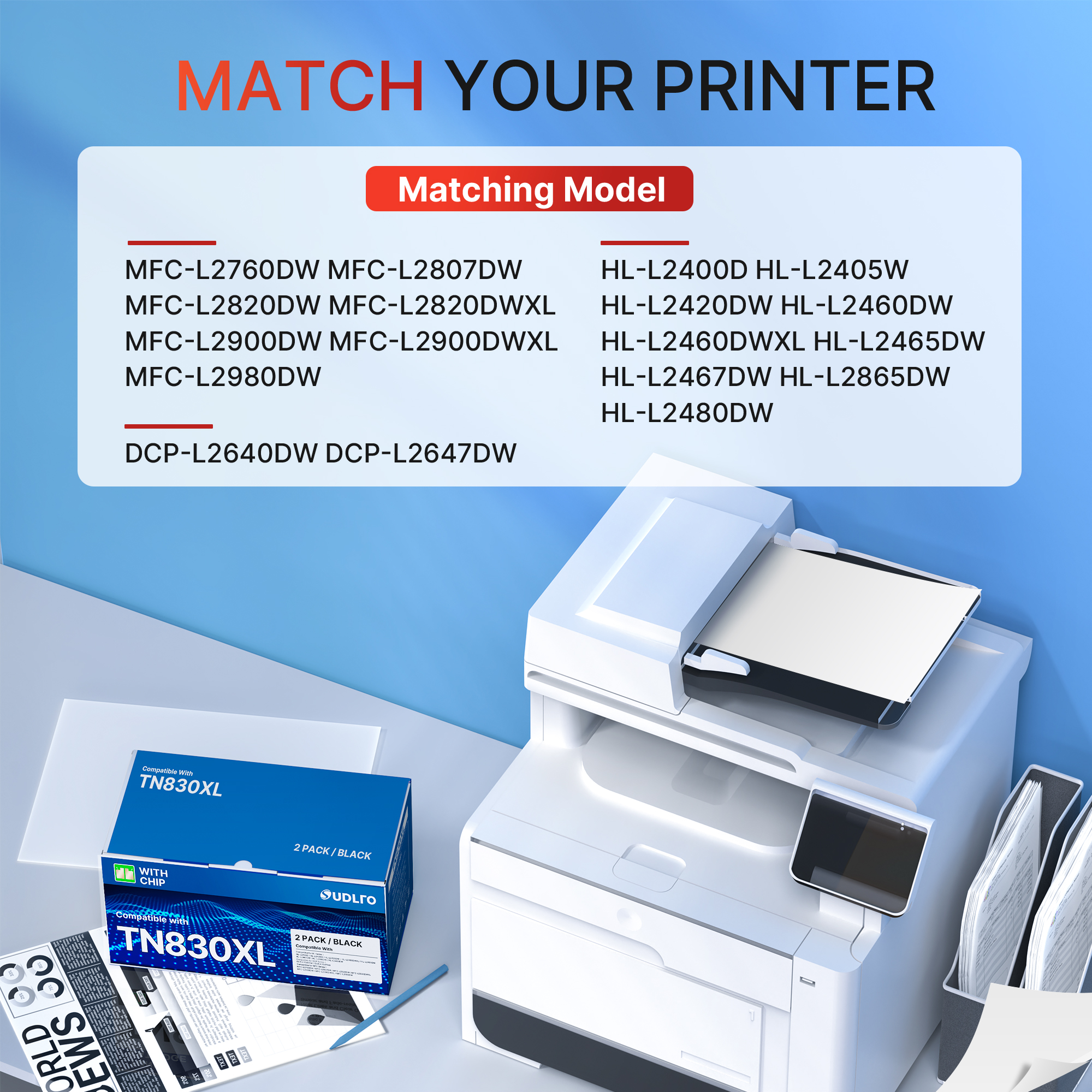 TN830XL TN830 -Compatible for Brother TN830XL Toner TN-830XL TN830 TN-830 Toner to use with Brother HL-L2460DW DCP-L2640DW HL-L2480DW HL-L2400D HL-L2405W MFC-L2820DWXL MFC-L2820DW Printer (2 Black)