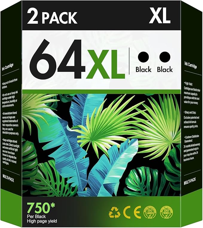 64XL Black Ink Cartridge (2 Pack) Replacement for HP Ink 64 for HP 64 Ink HP64 64 XL Black Ink Cartridge for HP Printers Envy Photo 7855 7858 7155 7158 6255 Inspire 7255e 7955e 7958e Tango X Terra