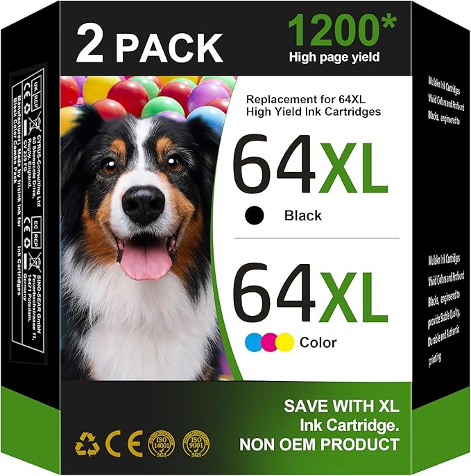 64XL Black/Tri-Color Ink Cartridges (2-Pack) for HP Ink 64 HP64 for HP 64XL Ink Cartridge Combo Pack Works with Envy Photo 6220 6230 6252 6255 7120 7155 7158 7855 7858 Tango Series Printer | X4D92AN