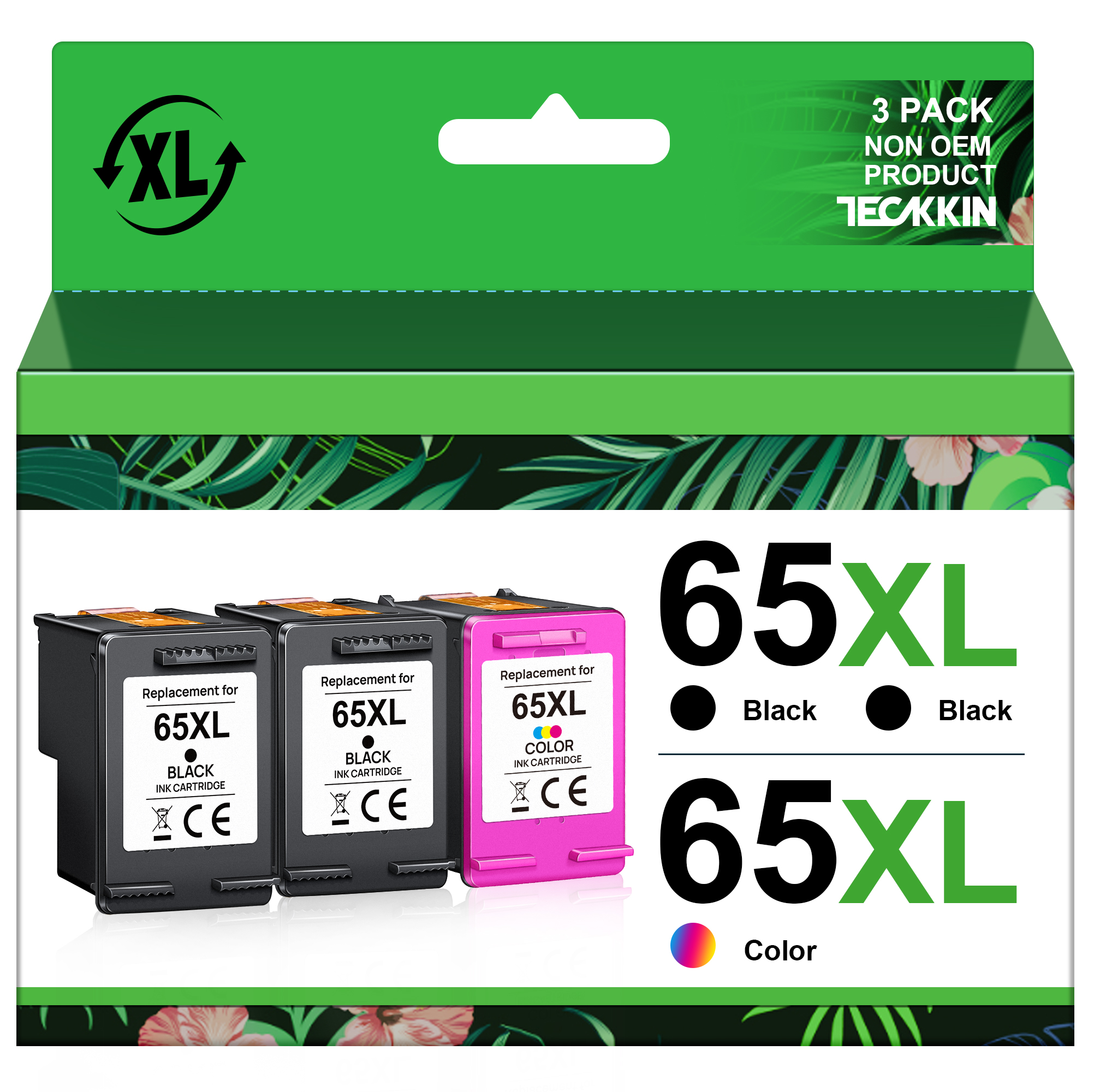 TECKKIN 65XL Ink Cartridges Black/Color Combo Pack (3 Pack) Replacement for HP Ink 65 65XL for DeskJet 3755 3772 3700 3752 3722 2600 2622 2652 Envy 5055 5000 5070 5014 5052 Printer (2 Black, 1 Color)