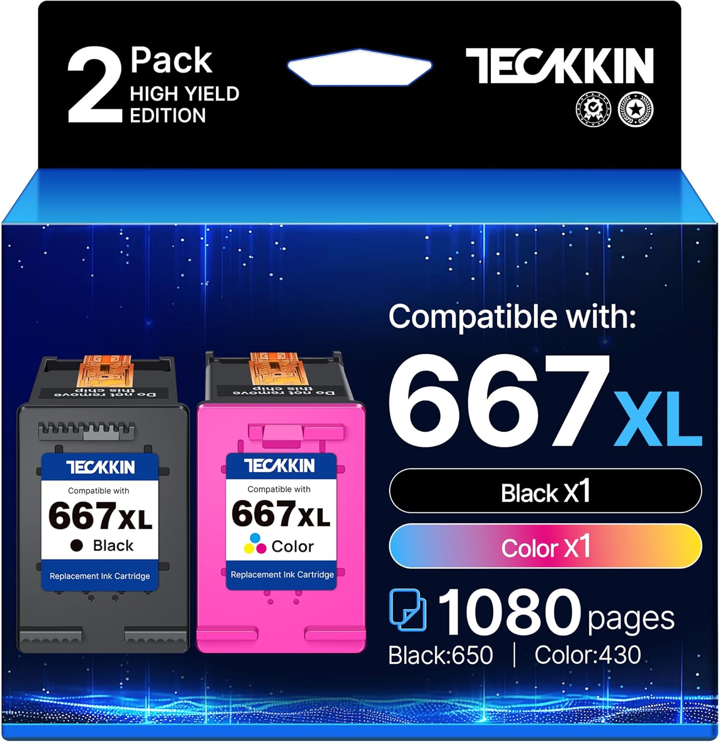 TECKKIN Ink Cartridge Replacement for HP 667 667XL Compatible with HP DeskJet Ink Advantage 1275 2375 2376 2775 2776 2374 DeskJet Ink Advantage Plus 6075 6475 6476 (1 Black 1 Color)