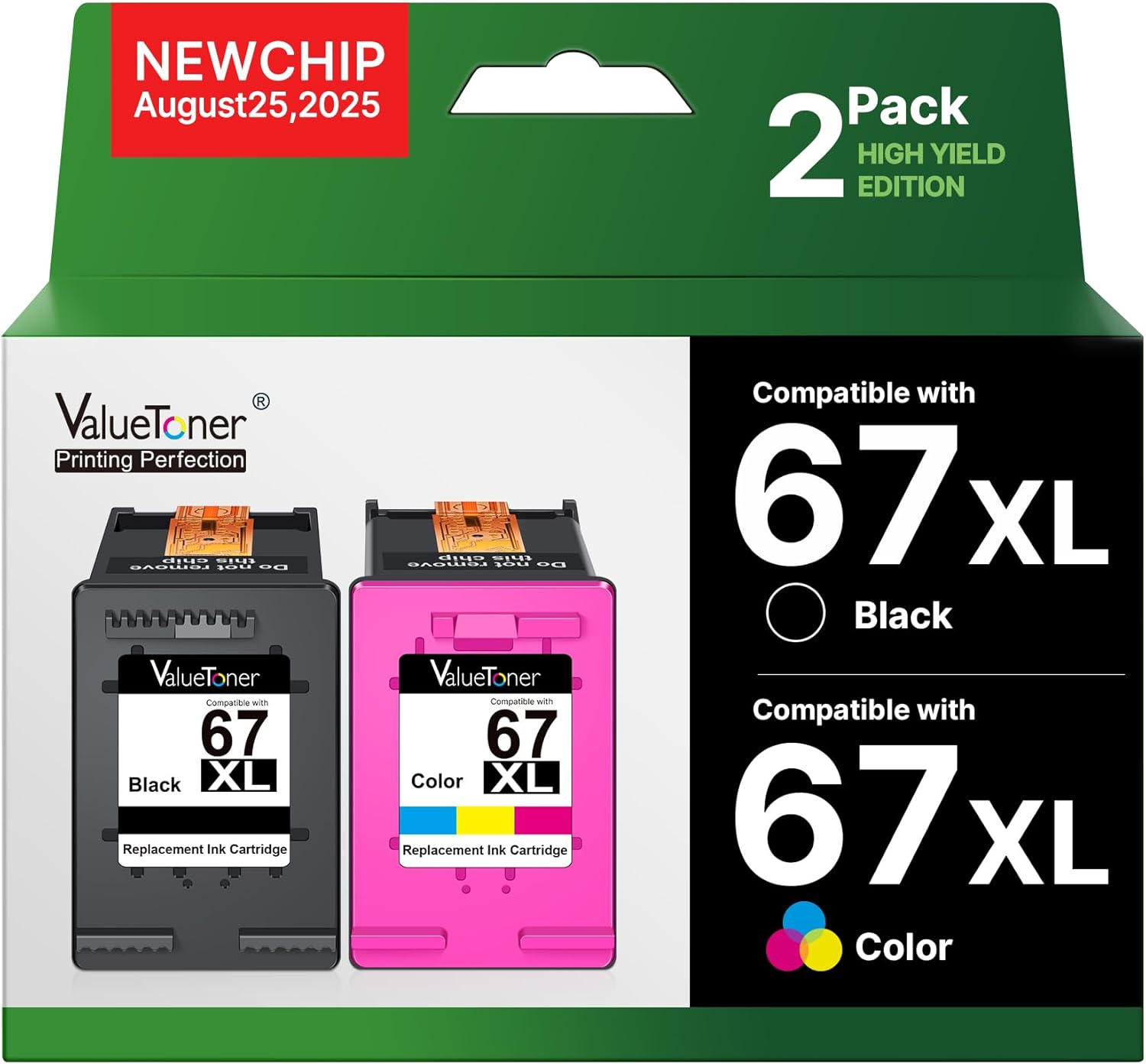 Valuetoner 67XL Ink Cartridges Replacement for HP 67 XL Black and Color Ink Cartridges for HP67XL for HP Deskjet 2755e 2855e 2722e 4255e 2722 2755 4110e 4152e 4155e 2723e Envy 6455e 6052 6055 Printer