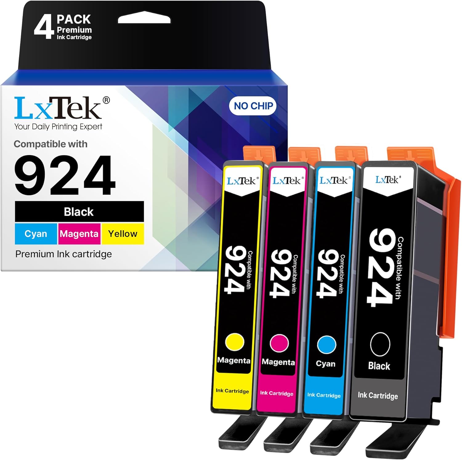 LxTek 924 Cartouches d'encre pour HP 924 Cartouches Compatibles pour HP OfficeJet 8120e 8122e 8124e 8125e pour OfficeJet Pro 8130e 8132e 8134e 8138e 8139e (Pas avec Puce, 4 Pack)