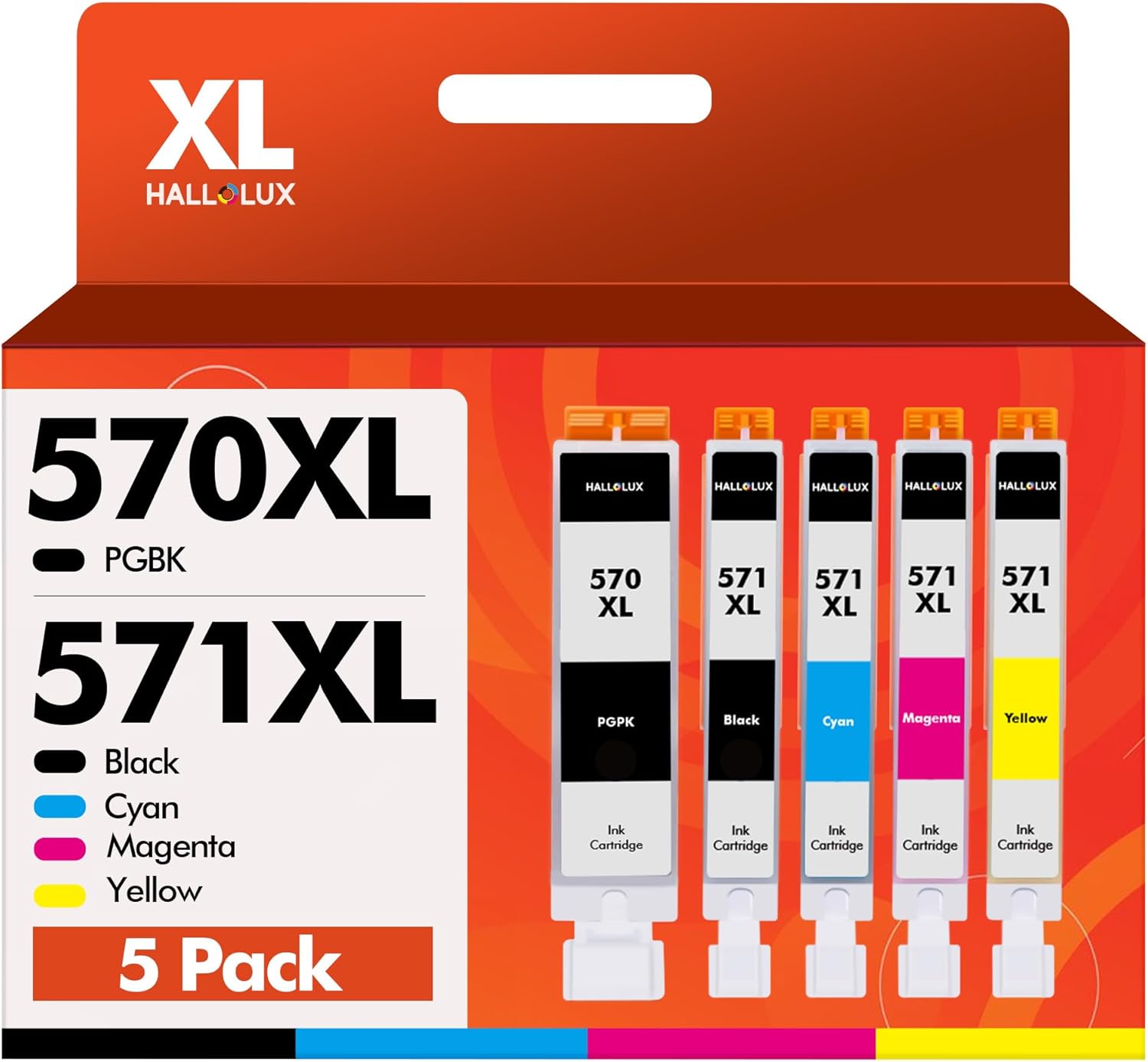 HALLOLUX PGI-570 CLI-571 XL 570XL 571XL Confezione da 5 Compatibili per Canon 571 570 per Canon Pixma TS5050 MG5750 TS5055 MG6852 MG5753 (Nero Ciano Magenta Giallo)