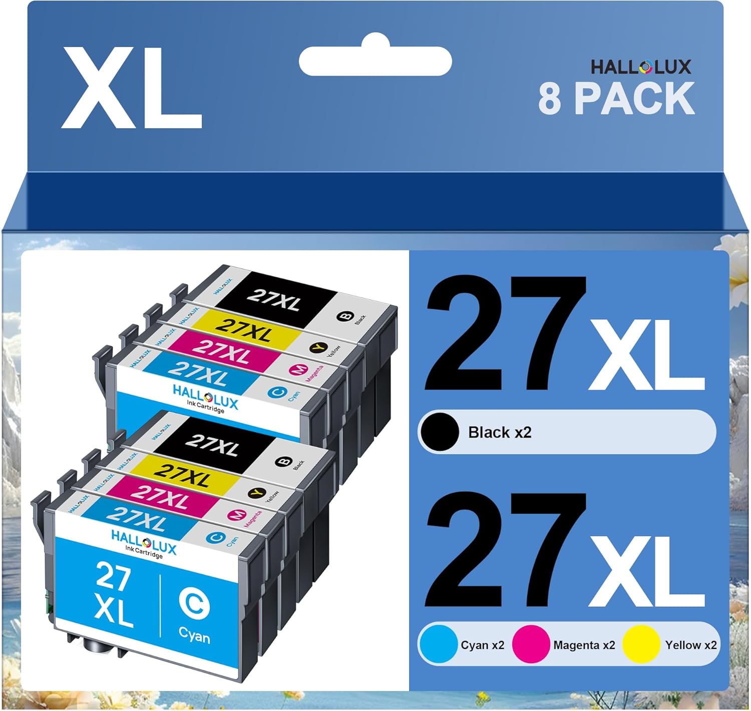 HALLOLUX 27XL Compatible Cartouches d'encre Remplacement pour Epson 27XL 27 XL pour Epson Workforce WF-7620 WF-3620 WF-7210 WF-7610 WF-3640 WF-7720 WF-7710 (Noir Cyan Magenta Jaune, 8-Pack)