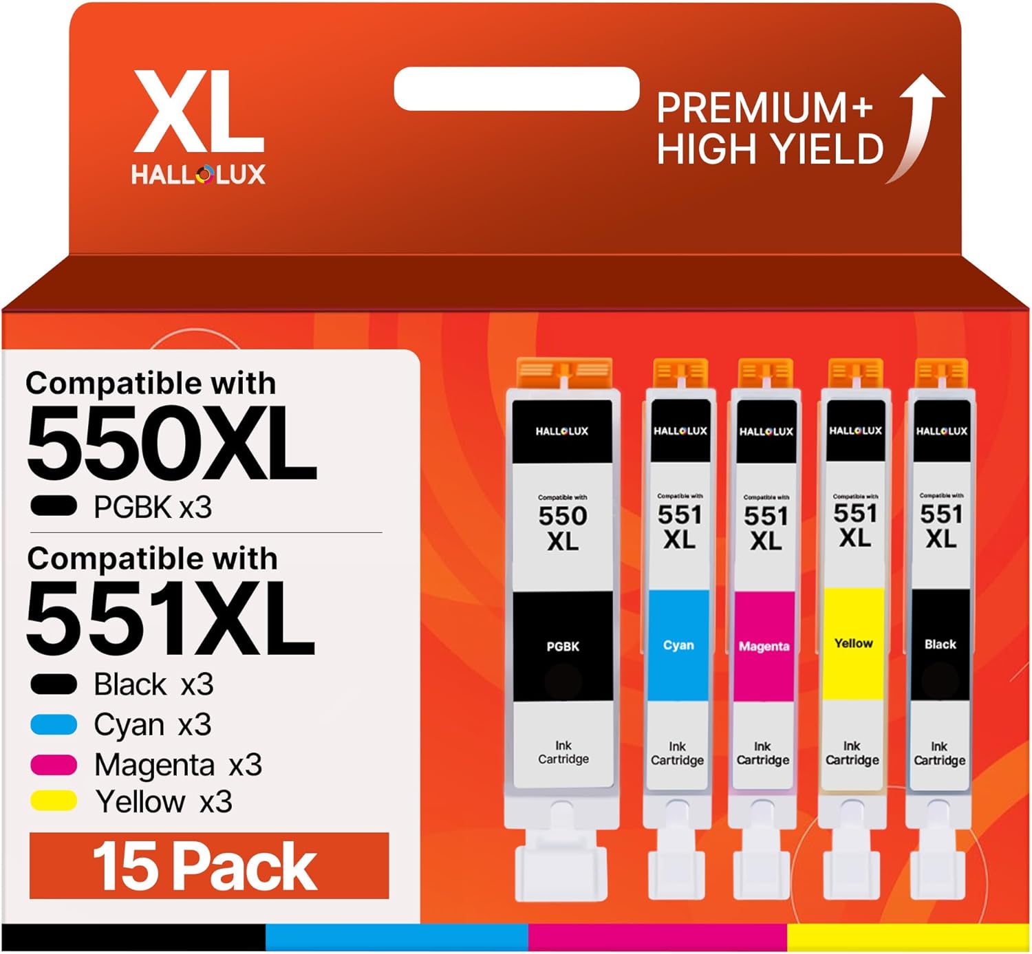 HALLOLUX PGI-550XL CLI-551XL Compatibili per Canon 550 551 XL Cartucce d'inchiostro per Pixma IP7250 MX925 MX725 MX920 IX6850 IP7200 MG5400 MG5450 MG5650 MG6450 (Nero Ciano Magenta Giallo, 15-Pack)