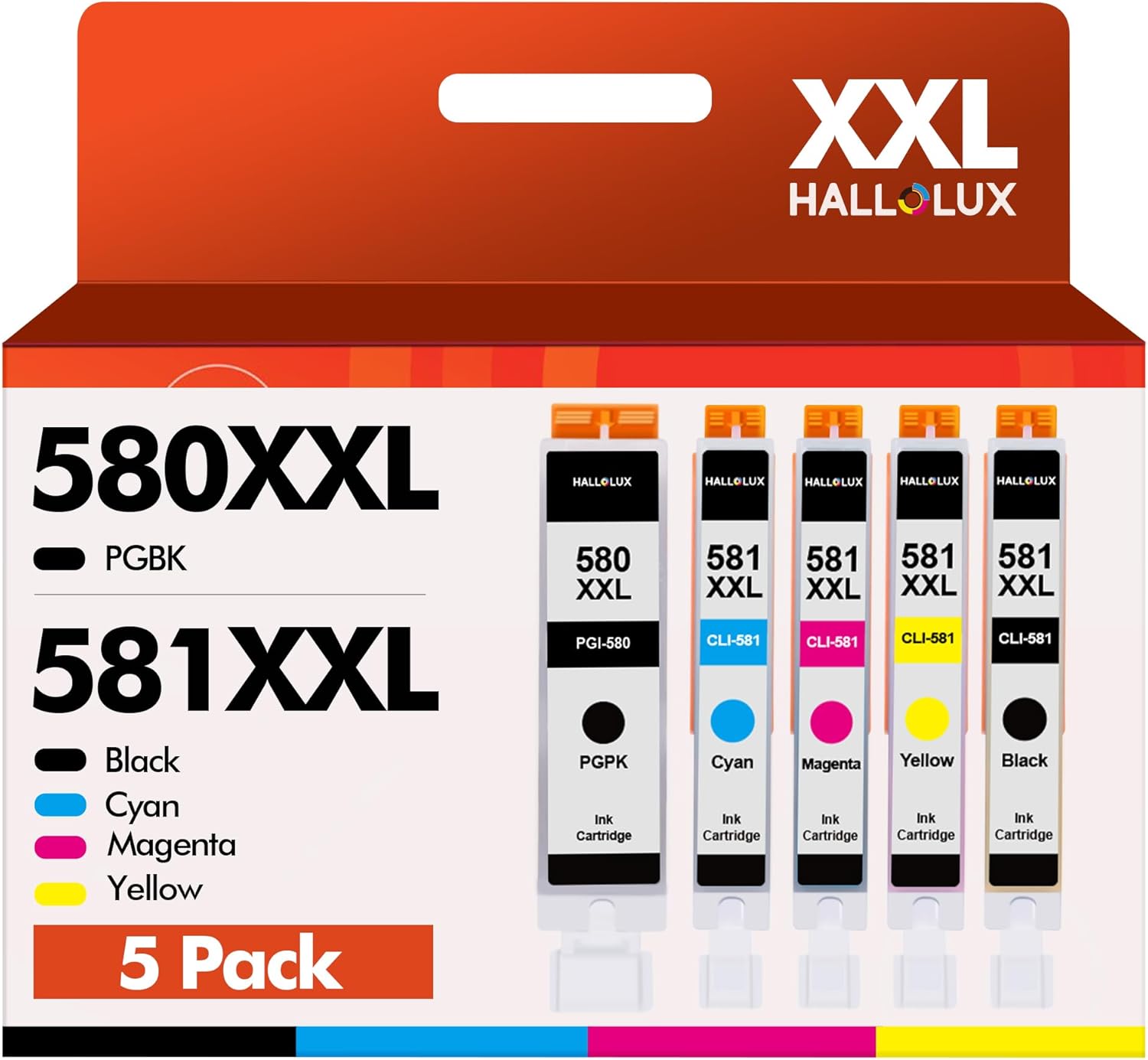 HALLOLUX PGI-580 XXL CLI 581 XXL Multipack Druckerpatronen für Canon 580 581 Patronen PIXMA TS8150 TS8250 TS705 TS6250 TS8151 TS6151 PGBK Schwarz Cyan Magenta Gelb, 5er-Pack