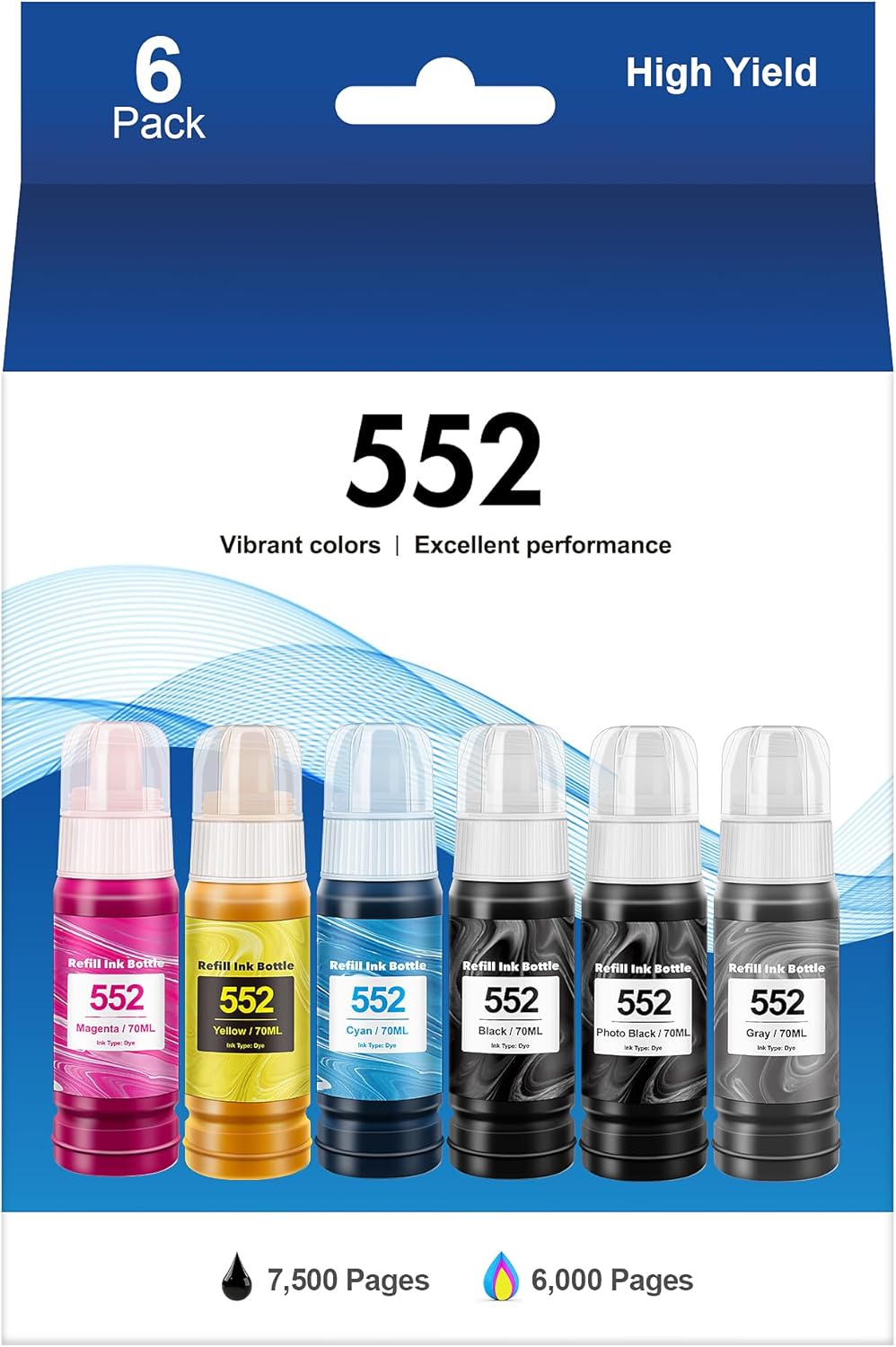 ecodot 552 Pigment Ink Refill Ink Bottle for Epson 552 Ink Used for EcoTank Photo ET-8500, ET-8550 Printer (1 Photo Black, 1 Black, 1 Cyan, 1 Magenta, 1 Yellow, 1 Grey, 6-Pack)