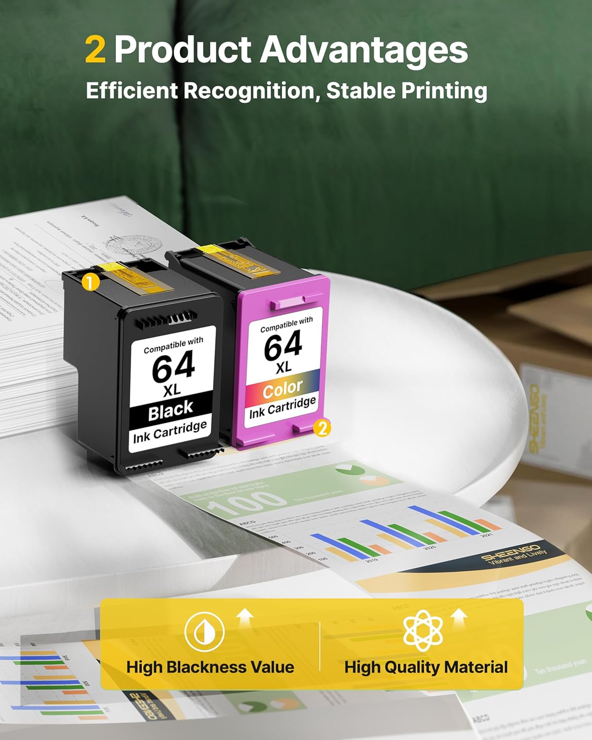 SHEENGO Remanufactured 64XL Ink Cartridges Work for Envy Photo 7855 7858 7155 7158 6255 6258 Inspire 7200e 7900e 7955e Tango X Terra(1 Black, 1 Color)