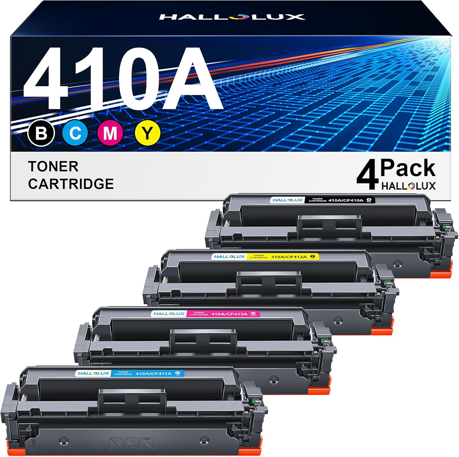 HALLOLUX Cartouche de Toner 410A CF410A Compatible pour HP 410X 410A CF410A CF410X pour Laserjet Pro MFP M477fdw M377dw M477fdn M477fnw M452dn M452nw M452dw M452dw (Noir, Cyan, Magenta, Jaune)