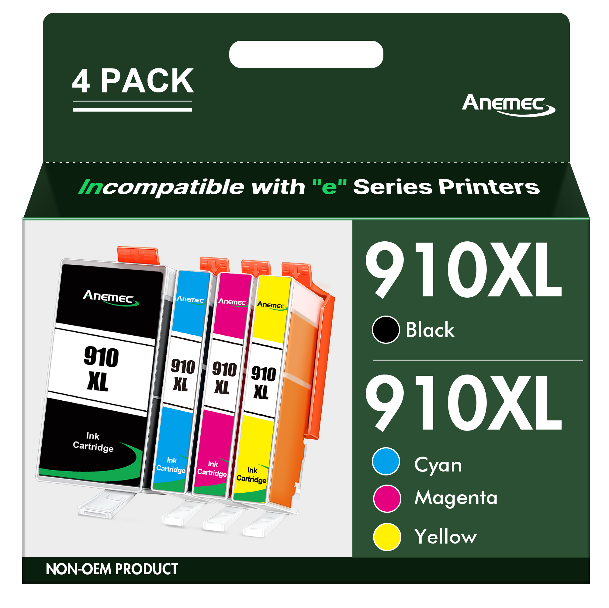 Anemec 910XL Ink Cartridges Combo Pack Replacement for HP Ink 910 XL Compatible with OfficeJet Pro 8020 8025 8028 8035 8030 8010 Printer, 4 Pack