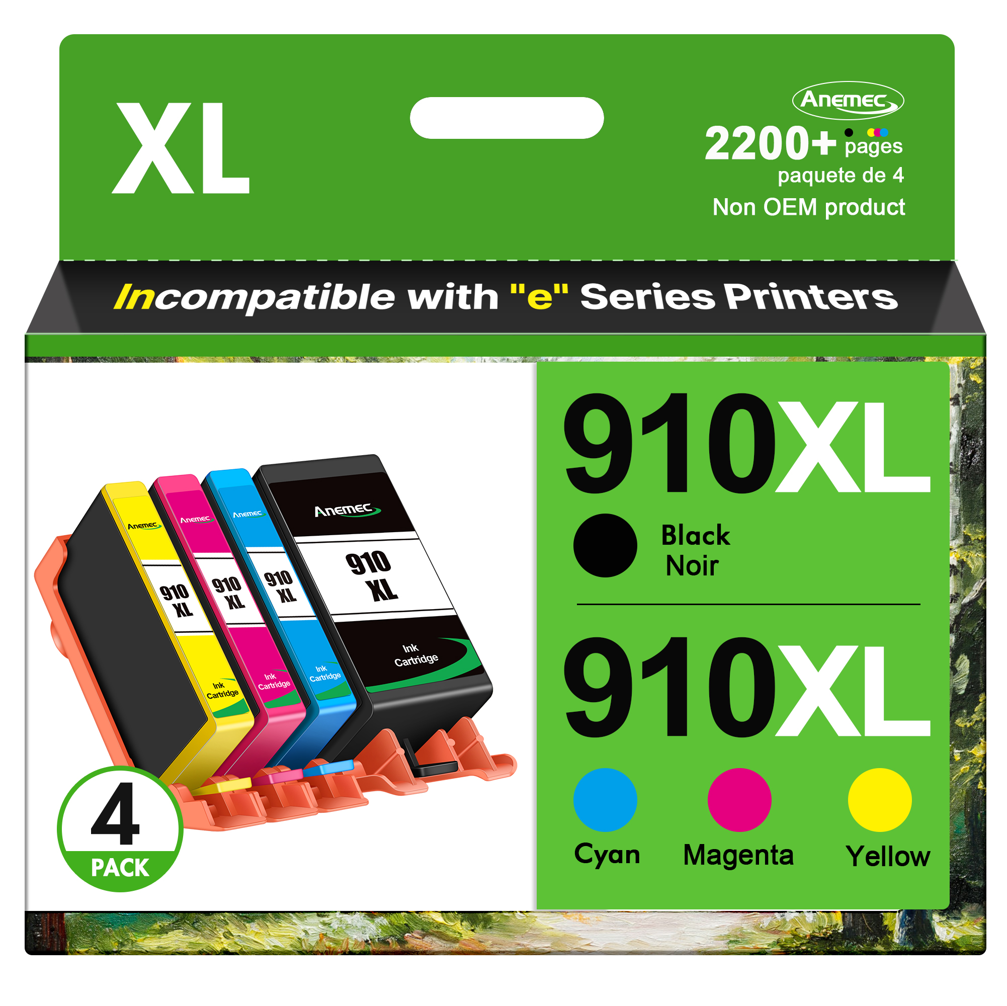 Anemec 910XL Ink Cartridges for HP Printers Replacement for HP 910XL Ink Cartridges Combo Pack HP910 Work for Officejet Pro 8020 8025 8030 Printers, Black and Color, 4 Pack