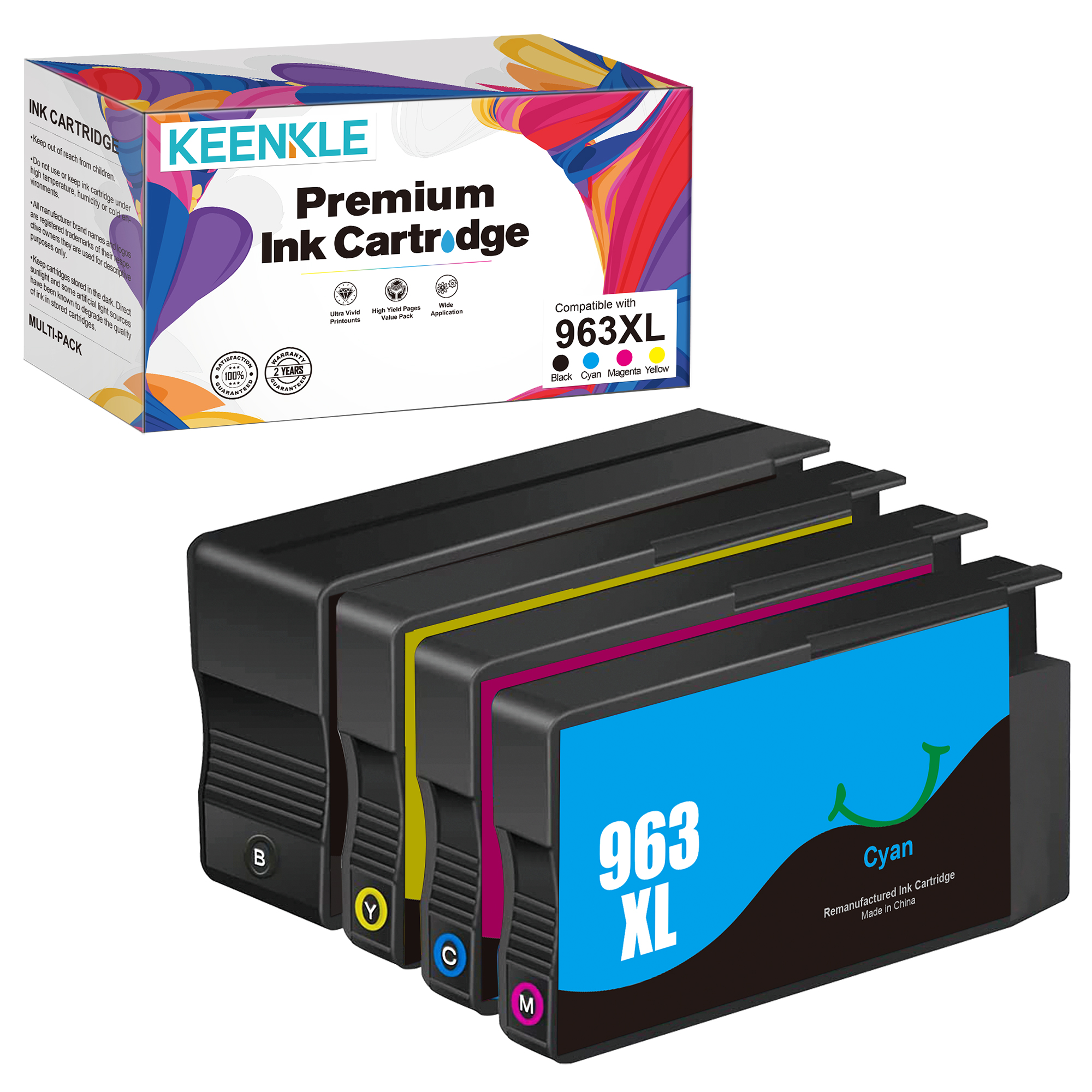 KEENKLE 963XL - Remanufactured for HP 963 963 XL Cartridges for HP OfficeJet Pro 9010 9012 9013 9014 9015 9016 9018 9019 9020 9022 9025 9026 9028 Black/Cyan/Magenta/Yellow, Pack of 4