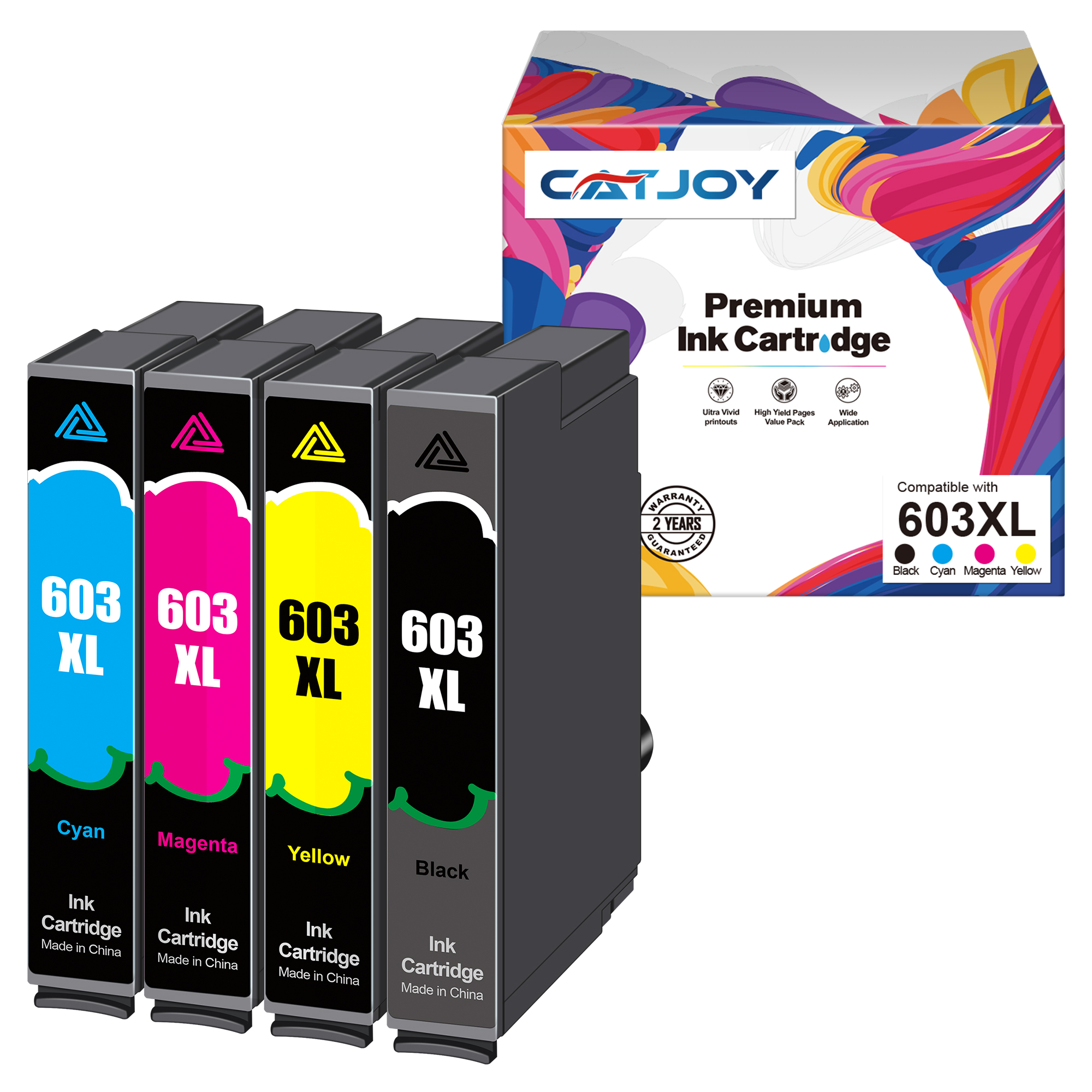 CATJOY 603XL Ink Cartridges Multipack Replacement for Epson 603 XL for Expression Home XP-3100 XP-4100 XP-2100 XP-2105 XP-3105 Workforce WF-2810 WF-2830 WF-2835 (Black Cyan Magenta Yellow，4-Pack)