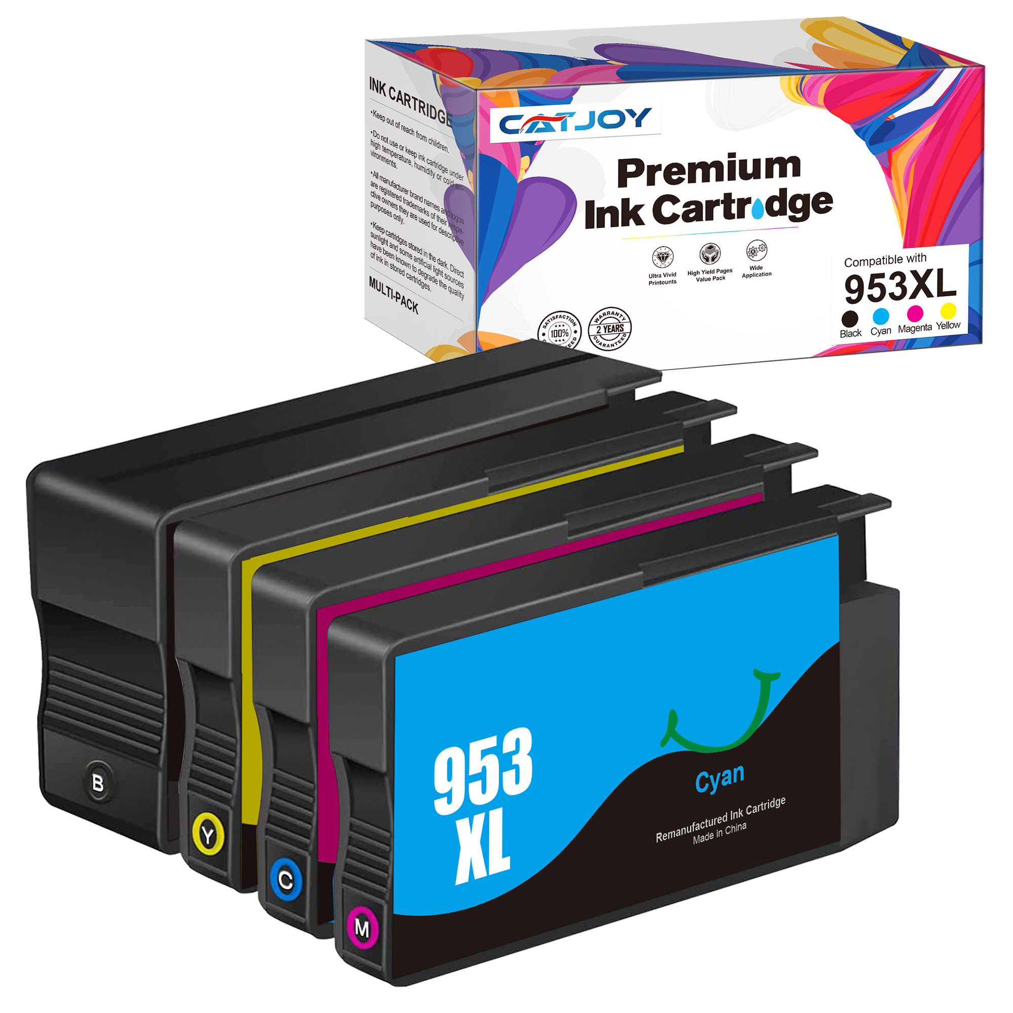 CATJOY 953XL Ink Cartridges Multipack Remanufactured for HP 953XL Ink Cartridges for HP 953 XL for HP Officejet Pro 7720 7740 8740 8730 8725 8720 8710 8218 8210 7730 (Black, Cyan, Magenta, Yellow)