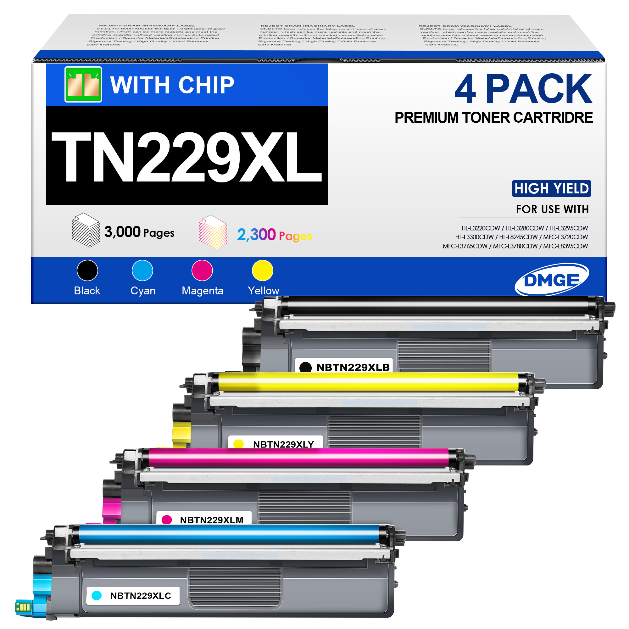 TN229XL TN229 Toner 4 Pack Compatible with Brother MFC-L3780CDW MFC-L3720CDW HL-L3280CDW HL-L3220CDW HL-L3295CDW, TN229XL