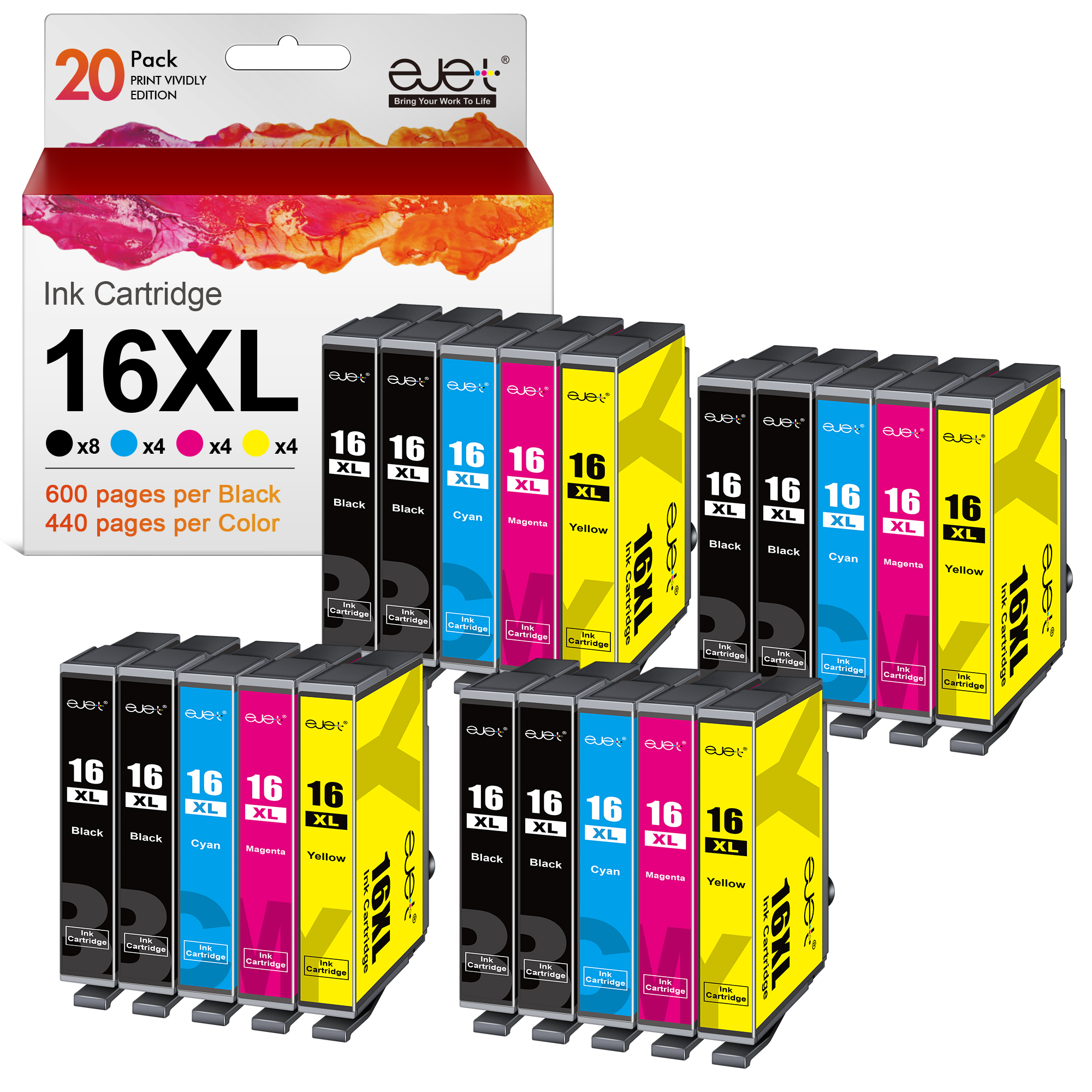 Compatible Cartouches d'encre Remplacement pour Epson 16XL pour Workforce WF-2510 WF-2760 WF-2750 WF-2660 WF-2630 WF-2650 WF-2530 WF-2540 WF-2520 WF-2010 (Noir Cyan Magenta Jaune, 20-Pack)