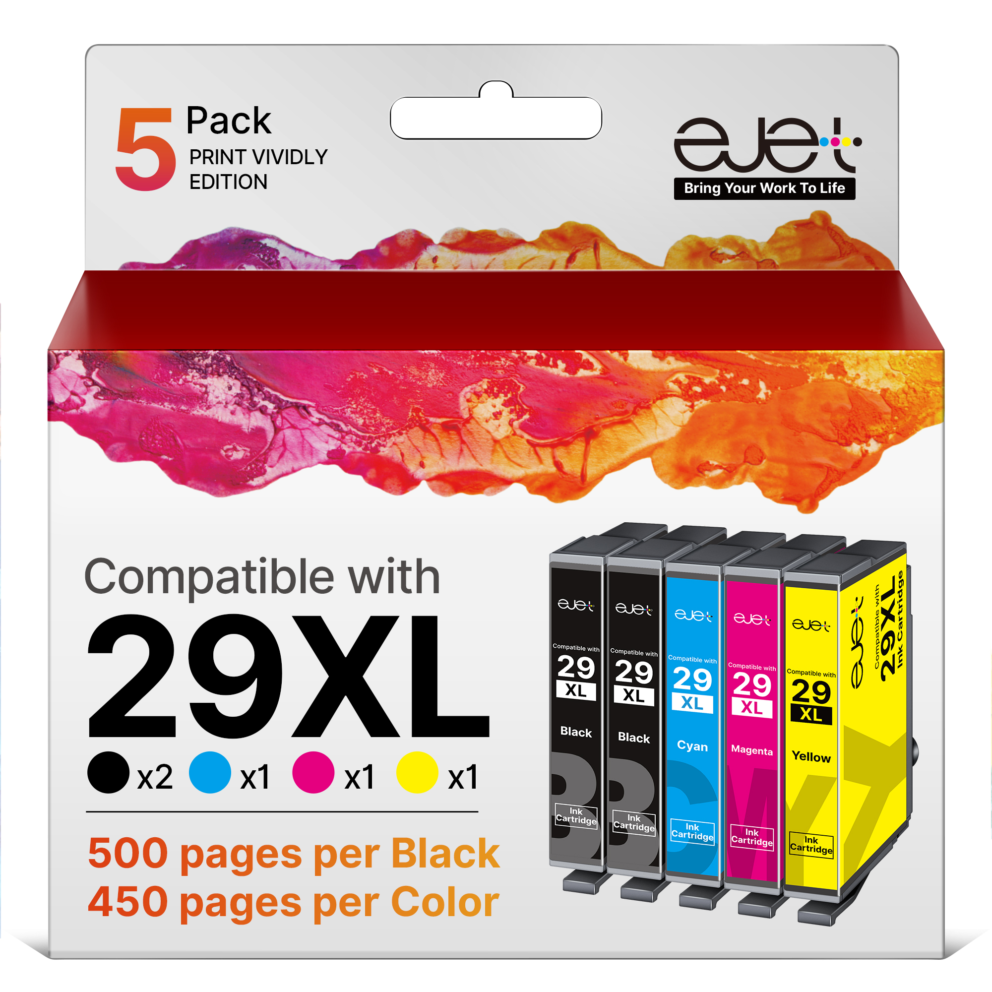 ejet 29XL Compatible pour Epson 29 29XL Cartouche d'encre pour Epson Expression Home XP-255 XP-235 XP-245 XP-345 XP-352 XP-445 XP-452 XP-432 XP-335 XP-342 XP-442 (Noir Cyan Magenta Jaune,5 Pack)