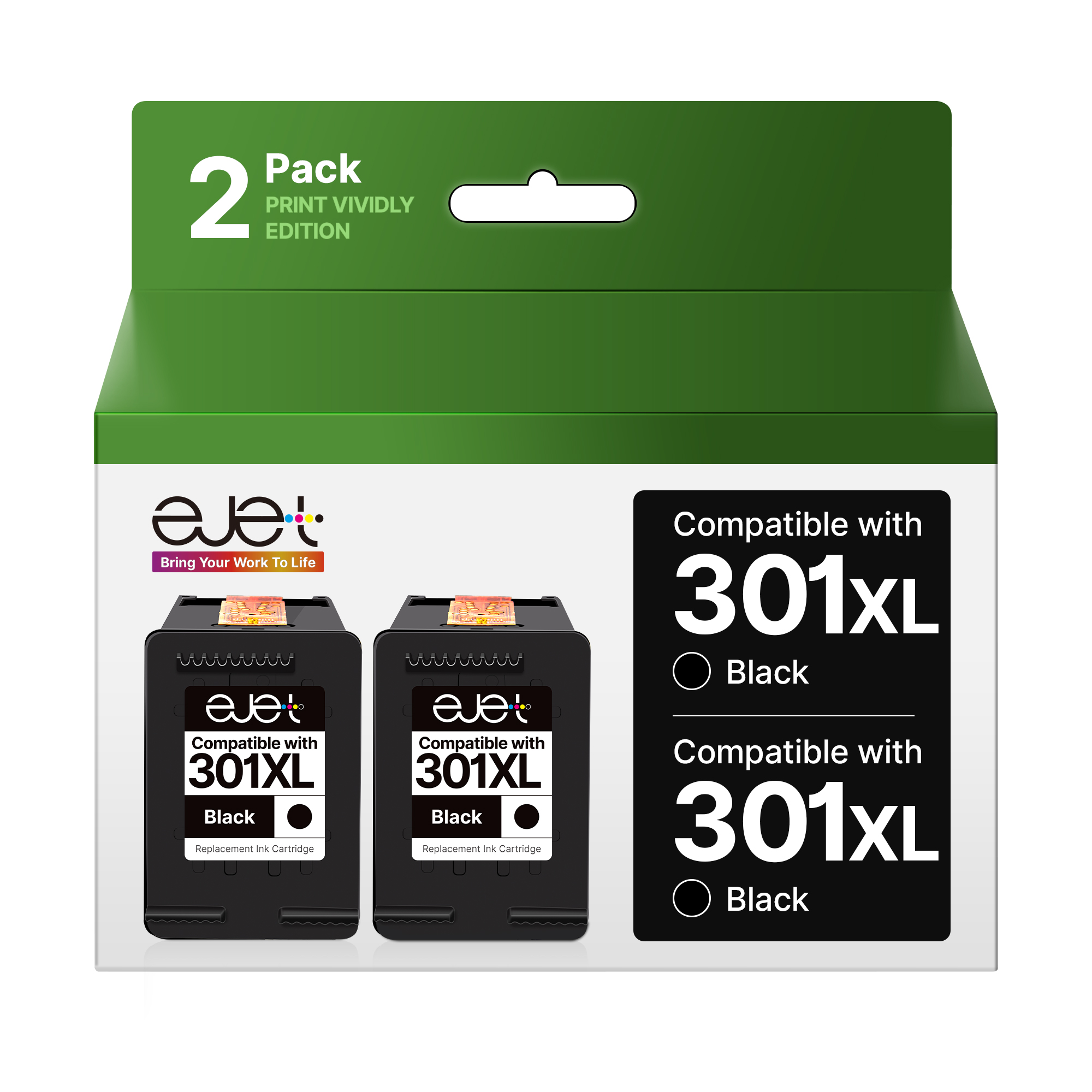 ejet 301XL Remanufacturées Cartouches d'encre Remplacement pour HP 301 XL (Noir, 2-Pack) pour Envy 4500 5530 4507 Deskjet 1000 1050 1510 1512 2540 2050 2050A 2510 3050 Officejet 2620 2622 4630 4632