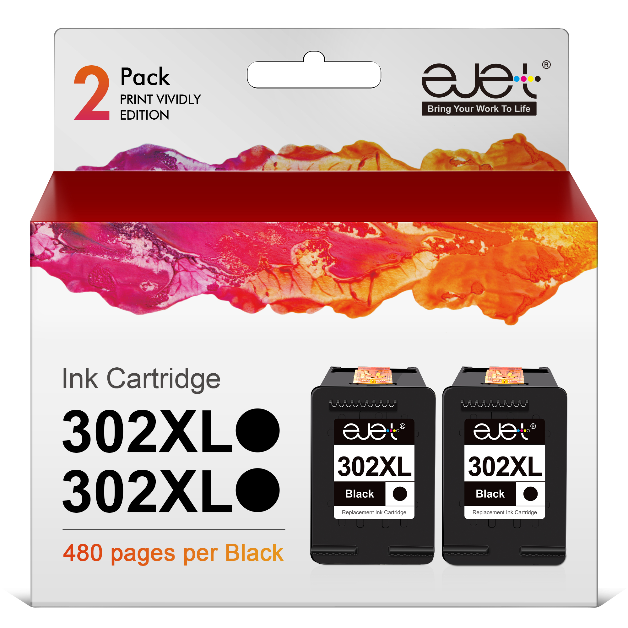 ejet Wiederaufgefüllt Tintenpatrone als Ersatz für HP 302XL Deskjet 3630 3632 3634 5230 5220 1110 2130 2134 Envy 4520 4524 4525 4527 Officejet 3830 3831 3833 5220 4650 Drucker (Schwarz, 2er-Pack)