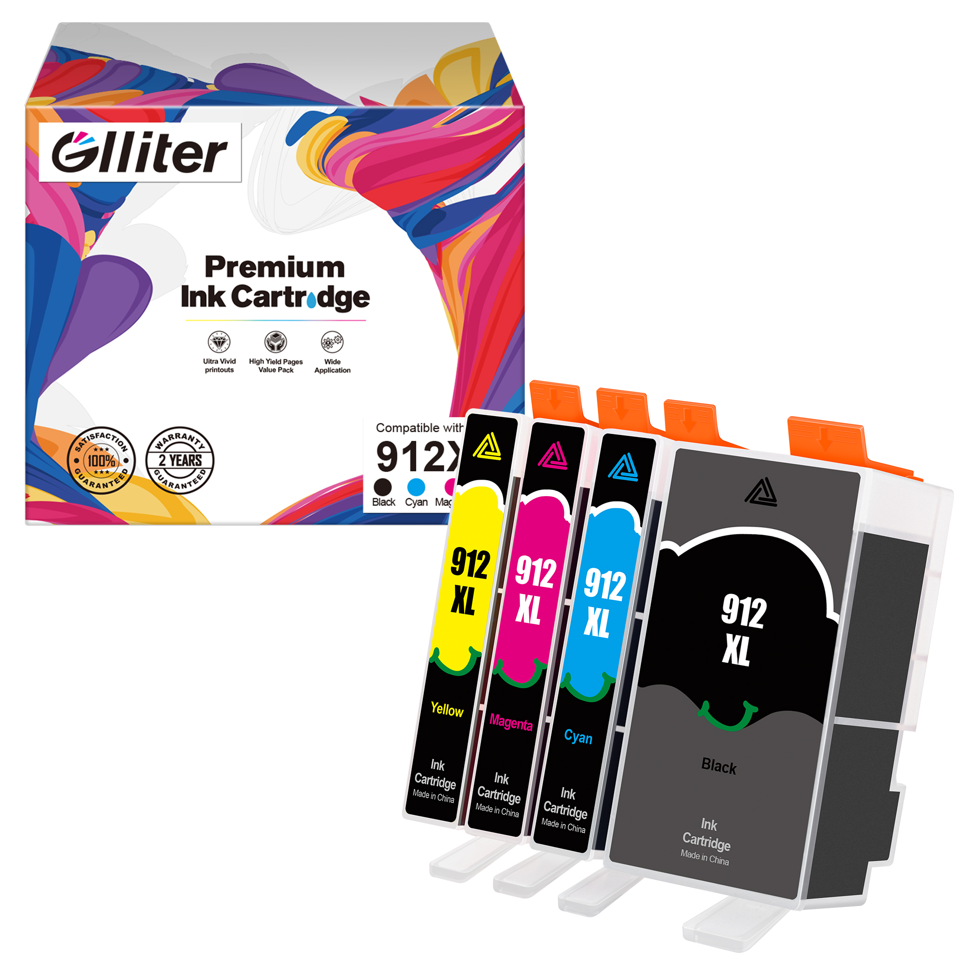 Glliter 912XL Multipack Kompatibel für HP 912 Druckerpatronen für HP 912XL für OfficeJet Pro 8022 Patronen 8020 8023 8024 8025 HP OfficeJet Pro 8010 8012 8014 8015 (4er-Pack)