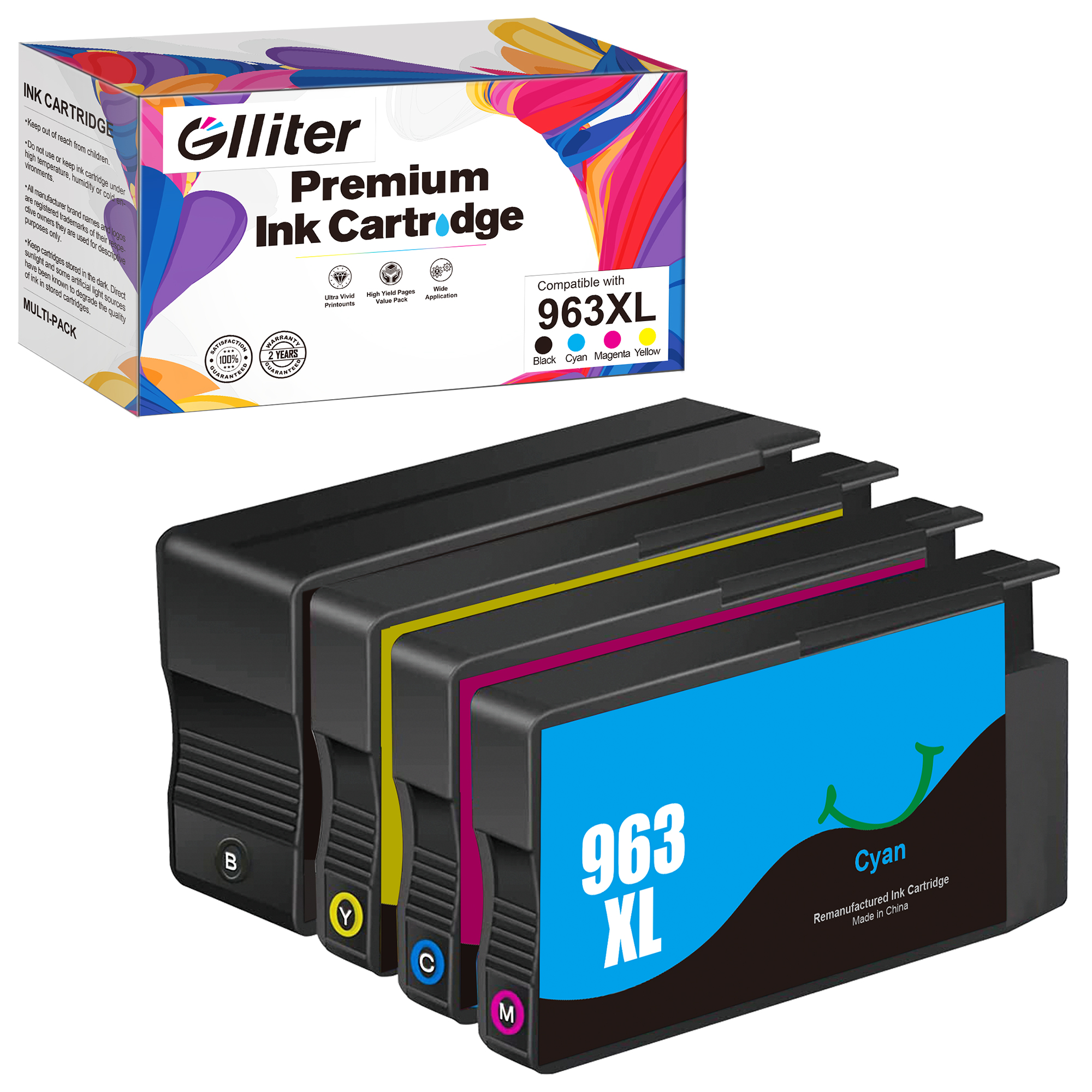 Glliter 963 XL Druckerpatronen Kompatibel für HP 963XL Multipack für HP Officejet Pro 9010 Patronen für 9012 9020 9014 9015 9016 9018 9019 9022 (‎‎‎‎‎‎‎Schwarz Cyan Magenta Gelb, 4er-Pack)