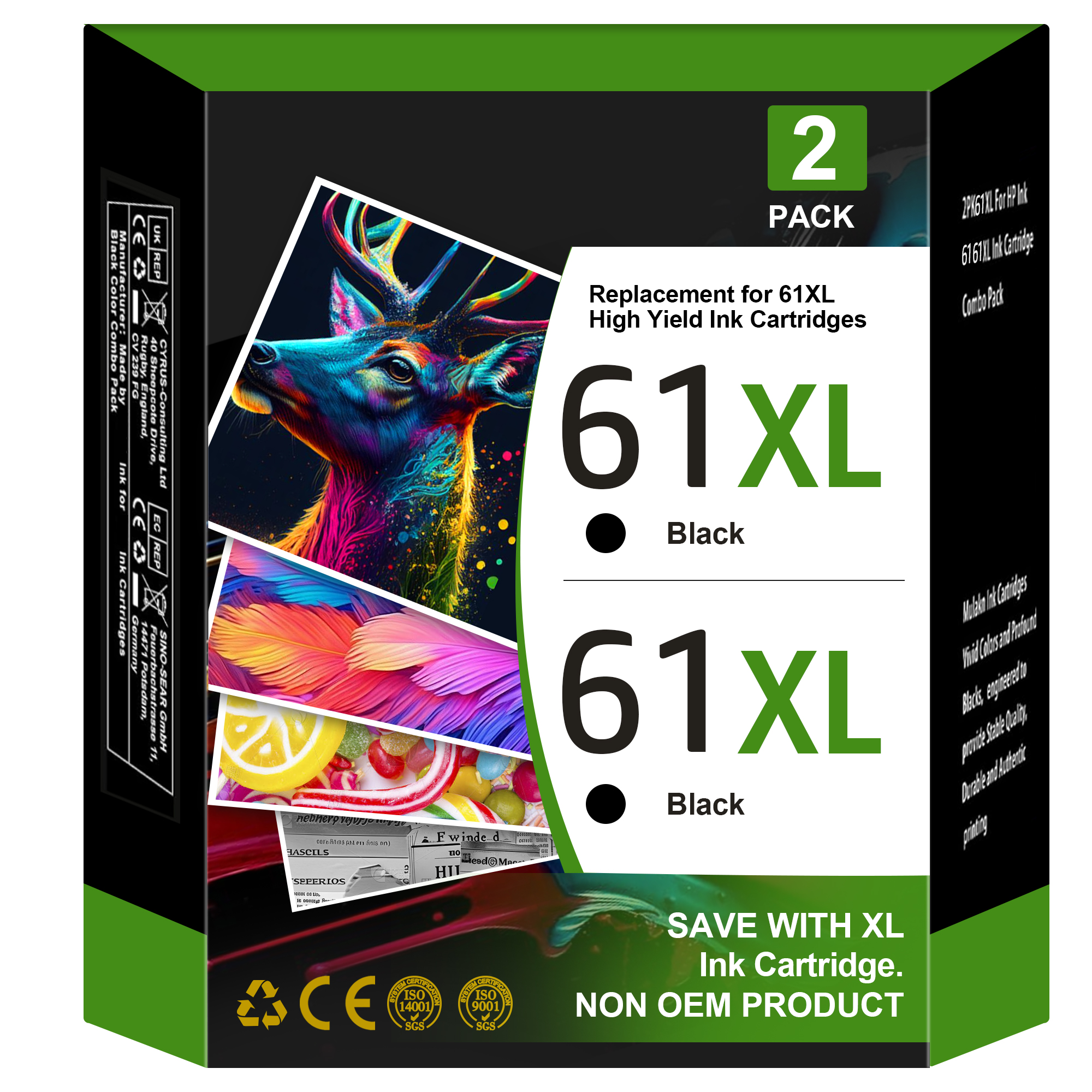 61XL Black Ink Cartridge High-Yield Replacement for HP Ink 61 61 XL HP61 61XL ink cartridges Work with Deskjet 1000 1010 1510 2540 Envy 4500 4501 4502 5530 Officejet 4630 4635 Series CH563WN (2 Black)