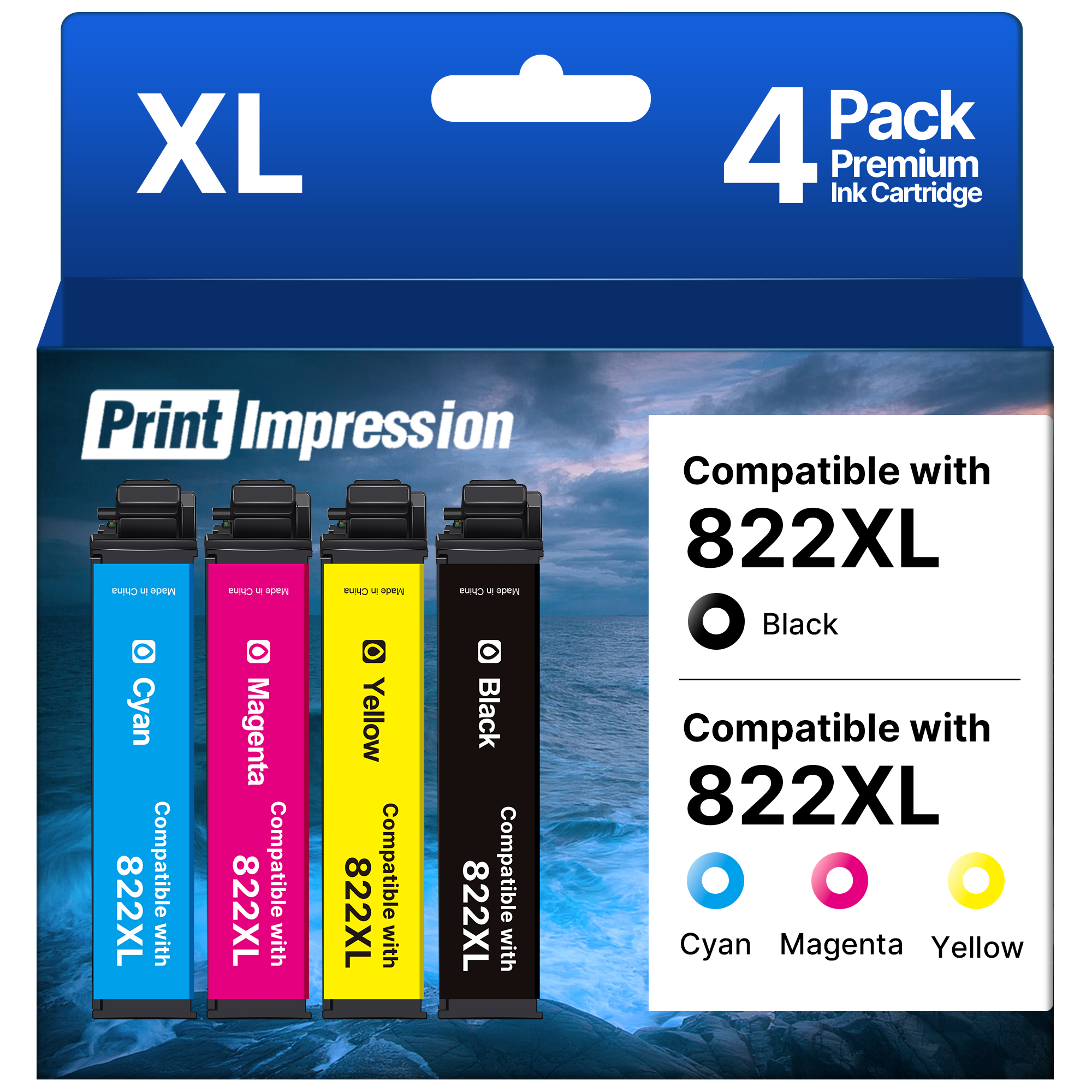 Remanufactured for 822XL Ink Cartridges Compatible with Epson 822XL Ink Cartridges Combo Pack Use for Epson WF-3820 Printer Workforce Pro WF-4820 WF-4830 WF-3823 WF-4834 (Black Cyan Magenta Yellow)