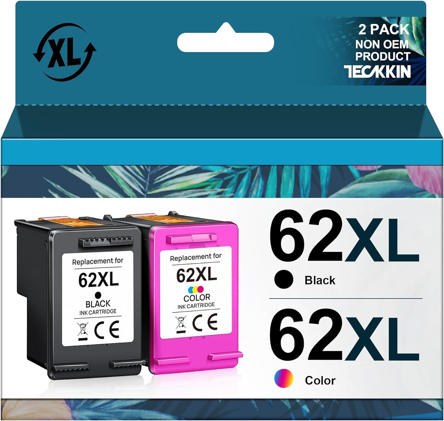 TECKKIN Remanufactured Ink Cartridge Replacement for HP Ink 62 HP 62 Ink 62XL Ink Works with HP Envy 5540 5549 5640 5660 7640 7645 OfficeJet Mobile 250 200 OfficeJet 5740 5741 8040 Printer (2 Pack)