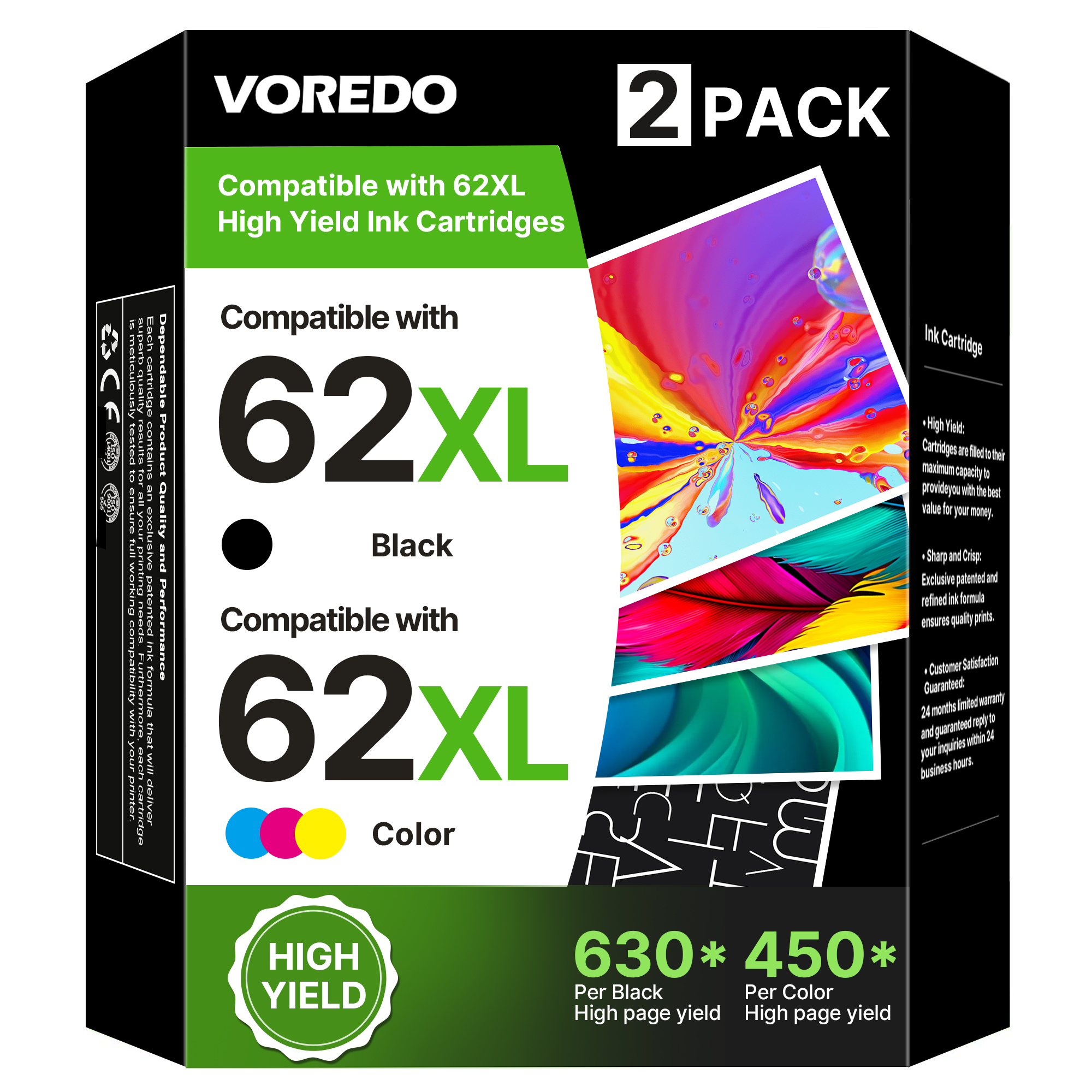 62XL Ink Cartridges Black and Color Compatible for HP Ink 62 XL 62XL Work for Envy 5540 5643 5542 5544 5545 5640 5642 5660 5665 7640 7645 8000 Officejet 5740 5741 5742 5743 5744 5745 Printer (2 Pack)