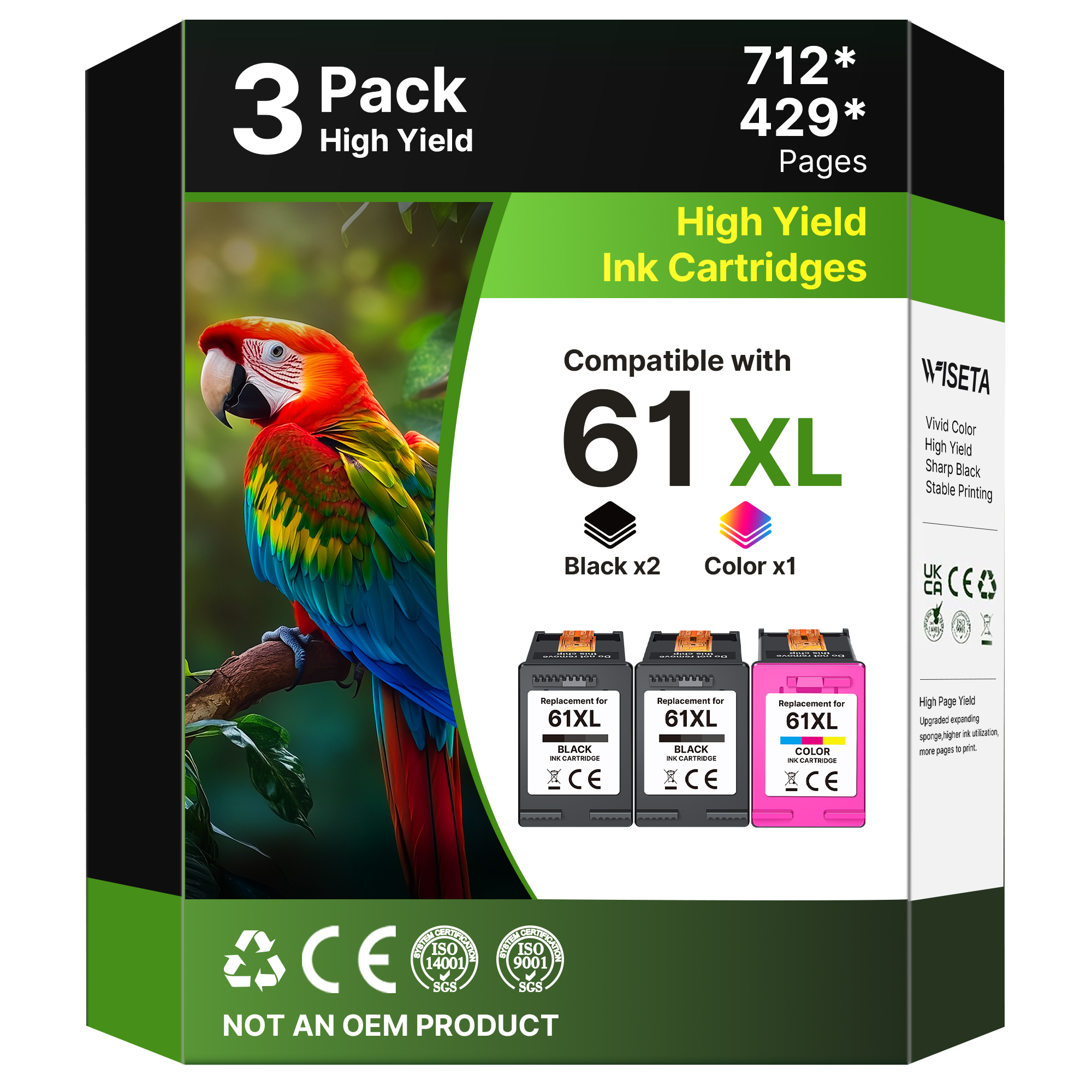 61XL Ink Cartridges Black and Color 3-Pack Replacement for HP 61XL Ink Cartridge Combo Pack (2 Black, 1 Color) Work with HP Envy 4500 5530 4502 4501 5535 OfficeJet 4630 4635 DeskJet 2540 1000 1010