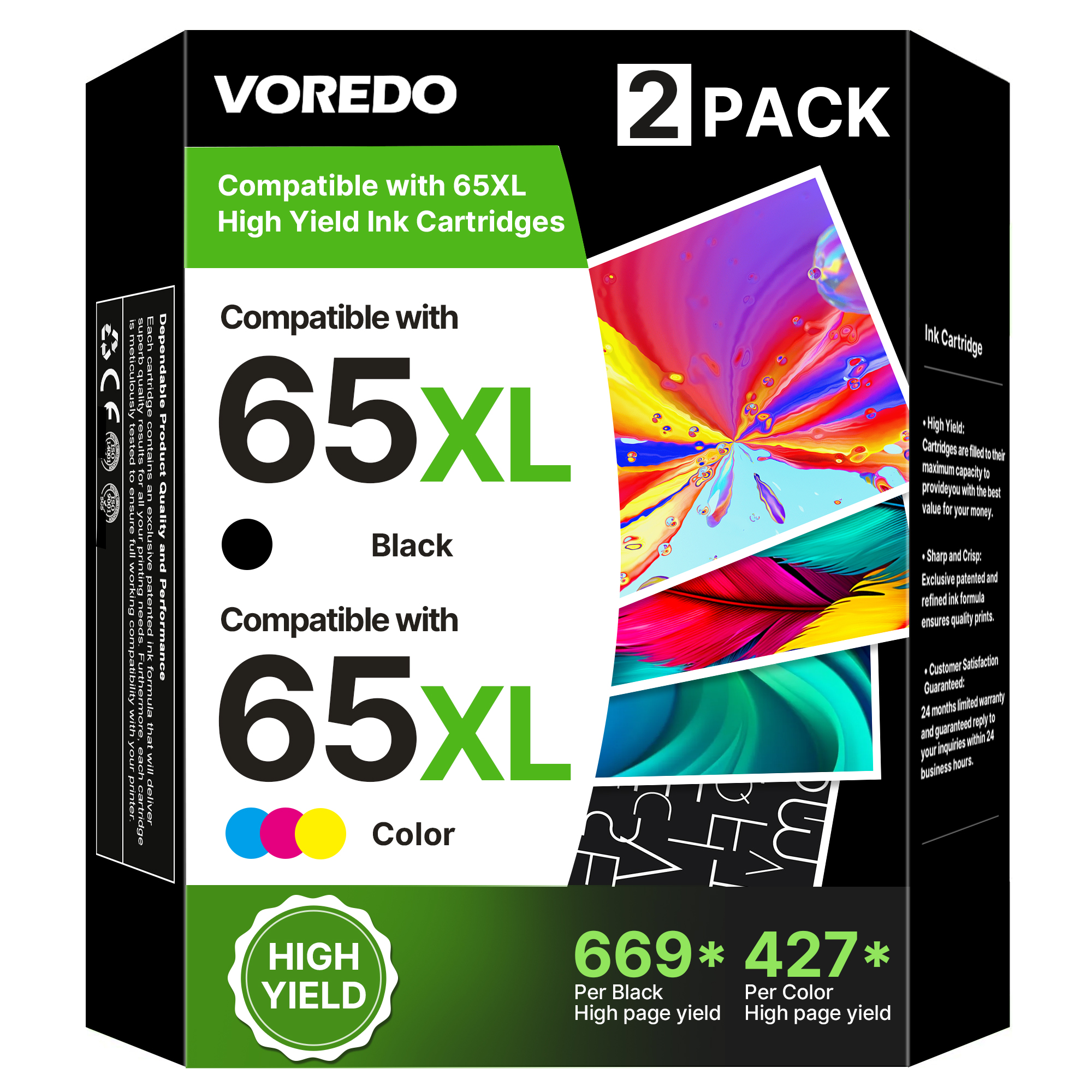 65XL 65 Ink Cartridges Black/Color Combo Pack High Yield for HP Ink 65 65 XL Works for HP Envy 5055 5052 5010 5014 5000 Series Deskjet 3755 3720 3752 3772 3700 2652 2600 Series (1 Black, 1 Color)