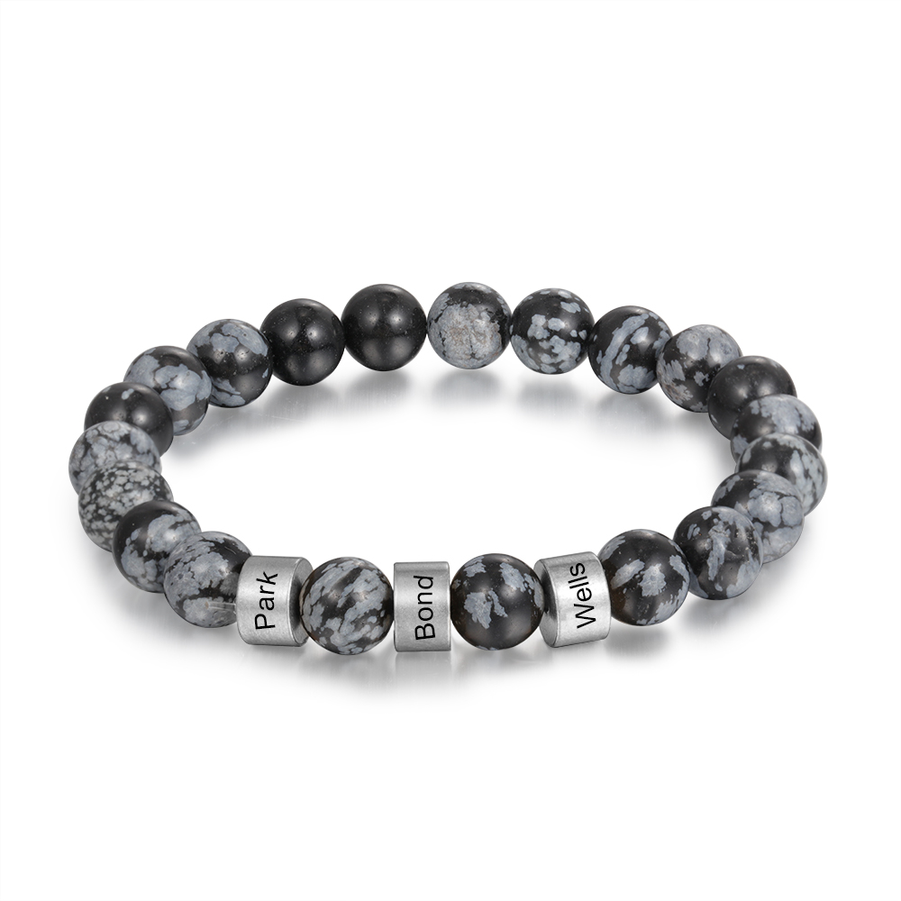 Serene Black Onyx Men Bracelet Personalized 3 Names Beaded Warp Bracelet Gift For Him