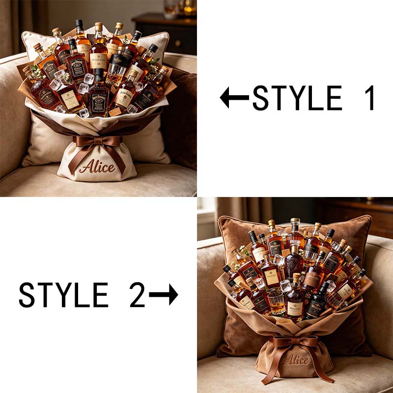 Personalized whisky bottle-themed bouquet pillow