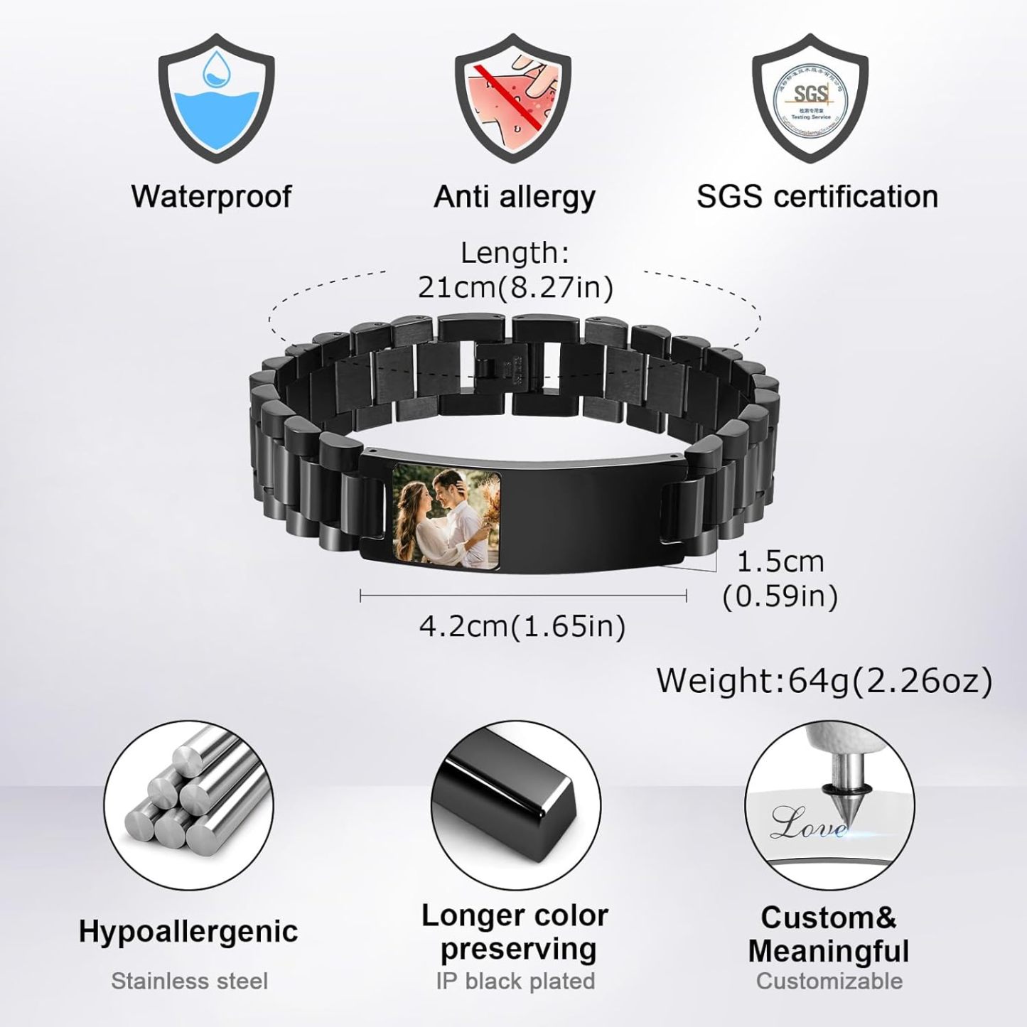 Personalized Picture Bracelet for Dad - Free Engraved Customized Photo Bracelets,Hypoallergenic Stainless Steel Adjustable Wristband,Trendy Custom Engraving Photo/Text/Name Bracelet Jewelry for Men