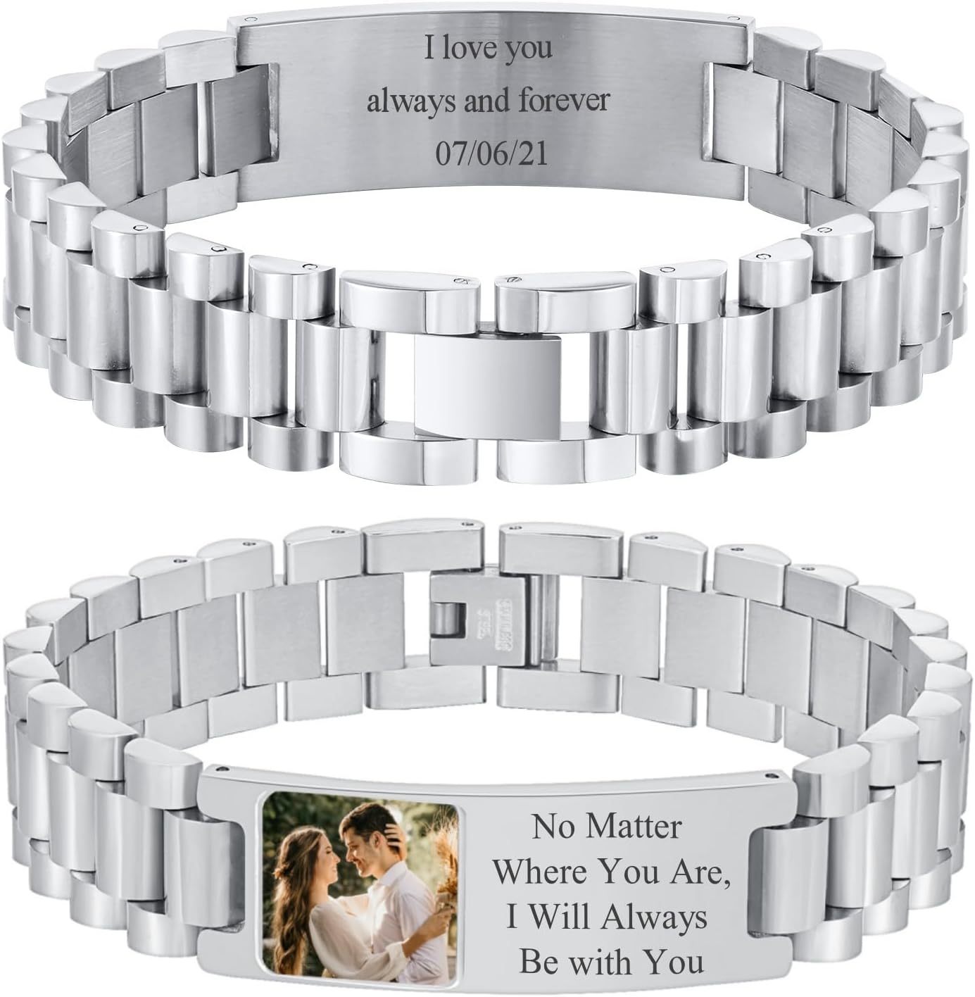 Personalized Picture Bracelet for Dad - Free Engraved Customized Photo Bracelets,Hypoallergenic Stainless Steel Adjustable Wristband,Trendy Custom Engraving Photo/Text/Name Bracelet Jewelry for Men