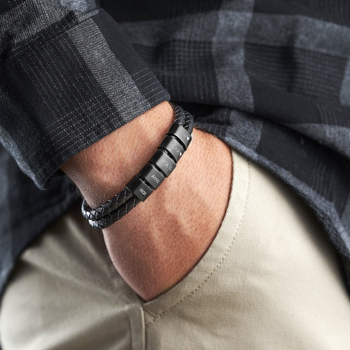 Father's Day🎁 Men Leather Bracelet with Engraved Beads