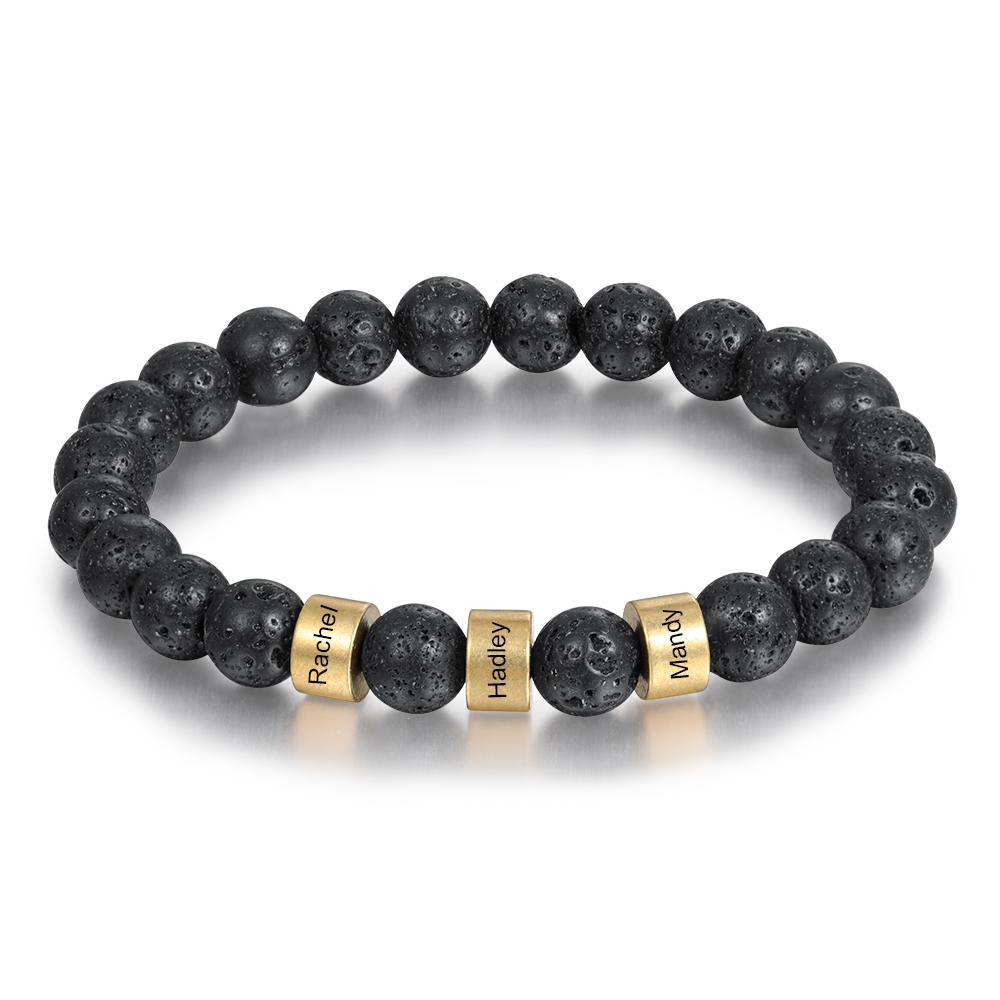 Serene Black Onyx Men Bracelet Personalized 3 Names Beaded Warp Bracelet Gift For Him