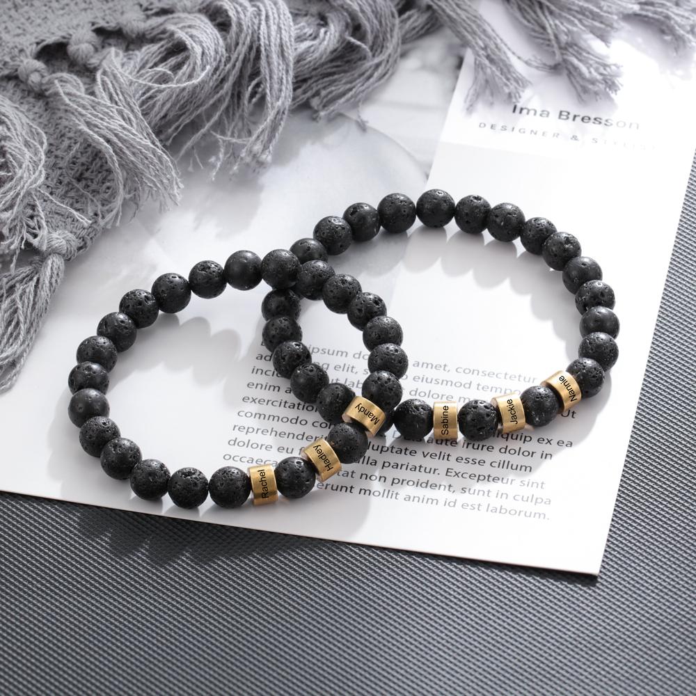 Serene Black Onyx Men Bracelet Personalized 3 Names Beaded Warp Bracelet Gift For Him