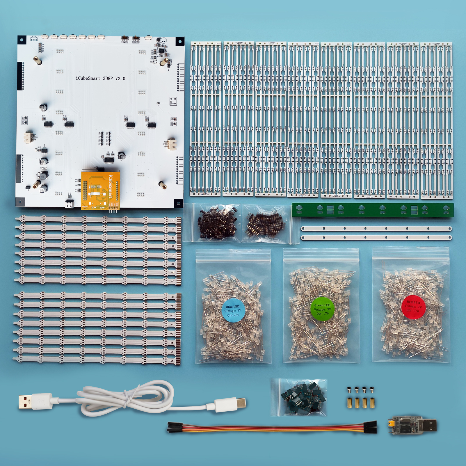 Kit LED Cube 3D8P-MULTI DIY - 512 LEDs SMD Multicolores, Effets 3D Animés, Logiciel De Création Inclus, Alimentation USB - 3