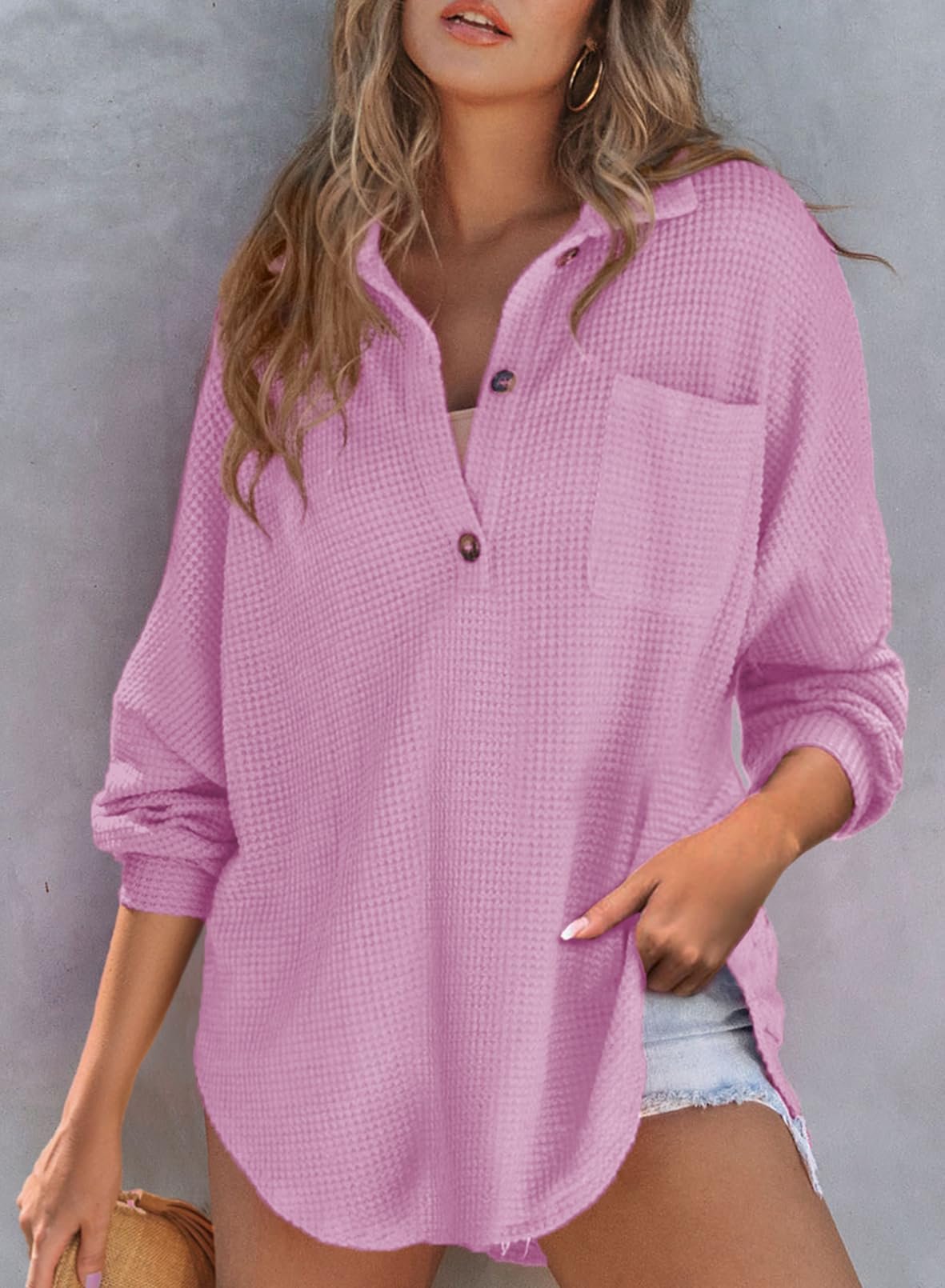Women's Waffle Knit Henley Button Shirt Jacket