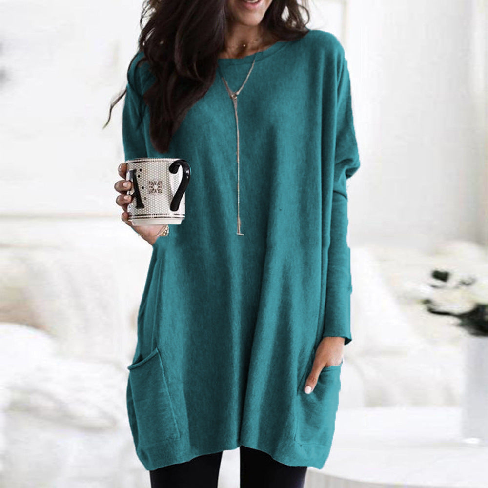 Women's Autumn Pullover Casual Round Neck Long Sleeve Pocket T-shirt Top