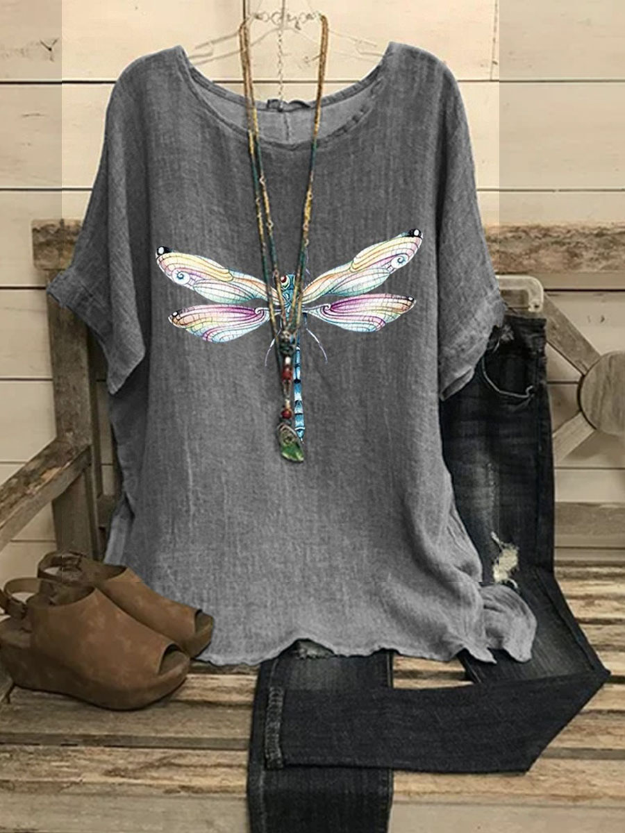 Women's Retro Floral Casual V-Neck Cotton And Linen Top