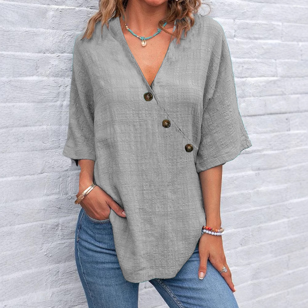Women'S Irregular V-Neck Cotton And Linen Top