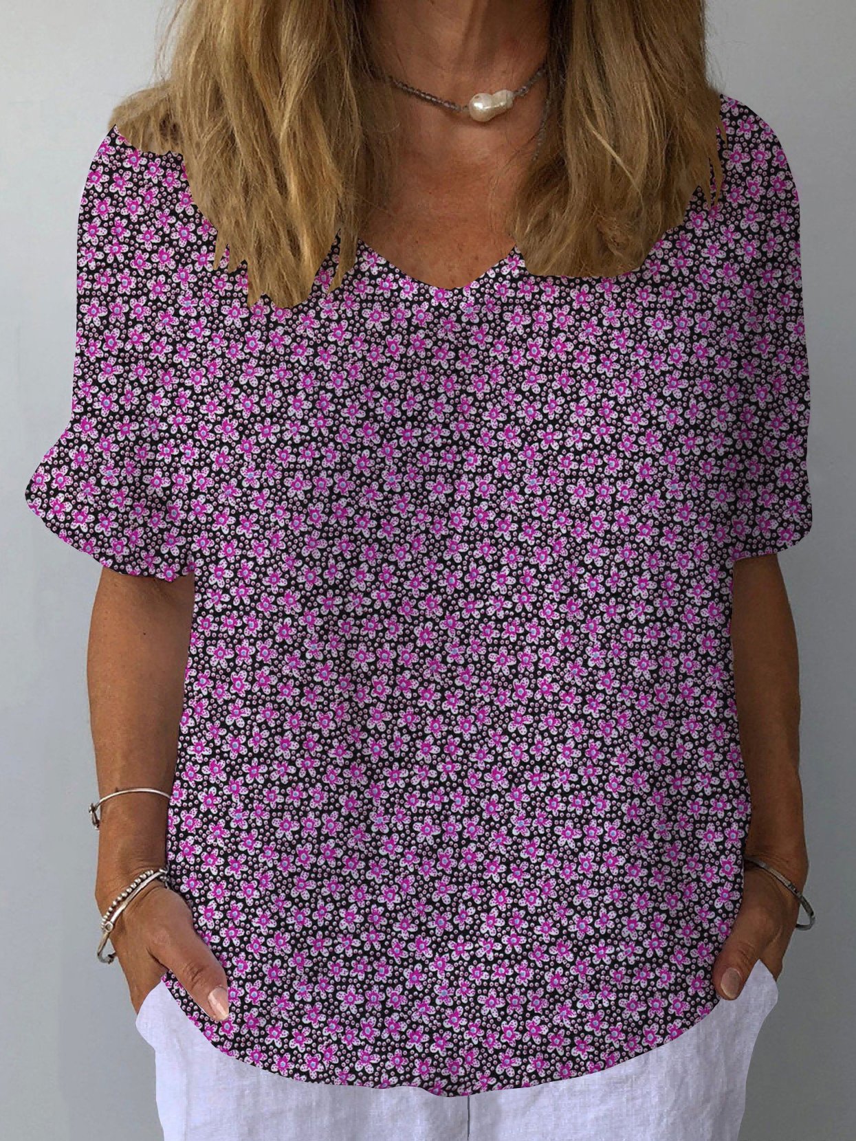Women's Retro Floral Casual V-Neck Cotton And Linen Top
